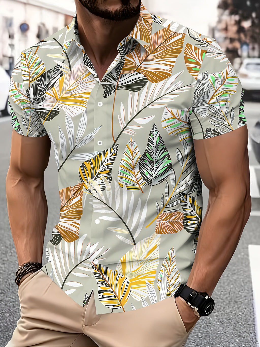 Tropical Style Men'S Casual Shirt, Printed Light Green Palm Leaves Summer Vibrant Nature Pattern