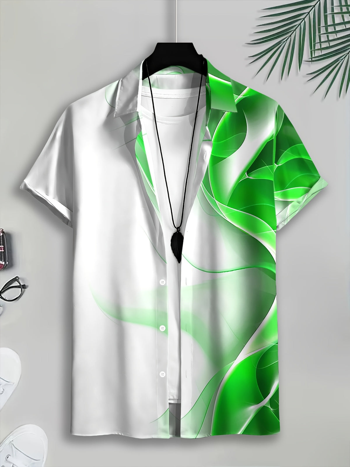 Modern Style Men's Casual Shirt Print Abstract Green Wave Pattern Summer Vibrant Design
