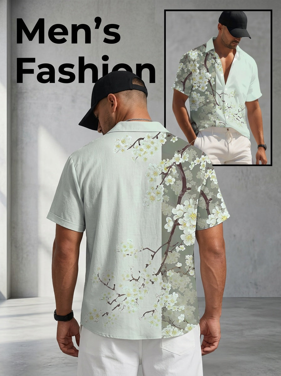 Men's Casual Floral Print Shirt with Cherry Blossom Design for Summer