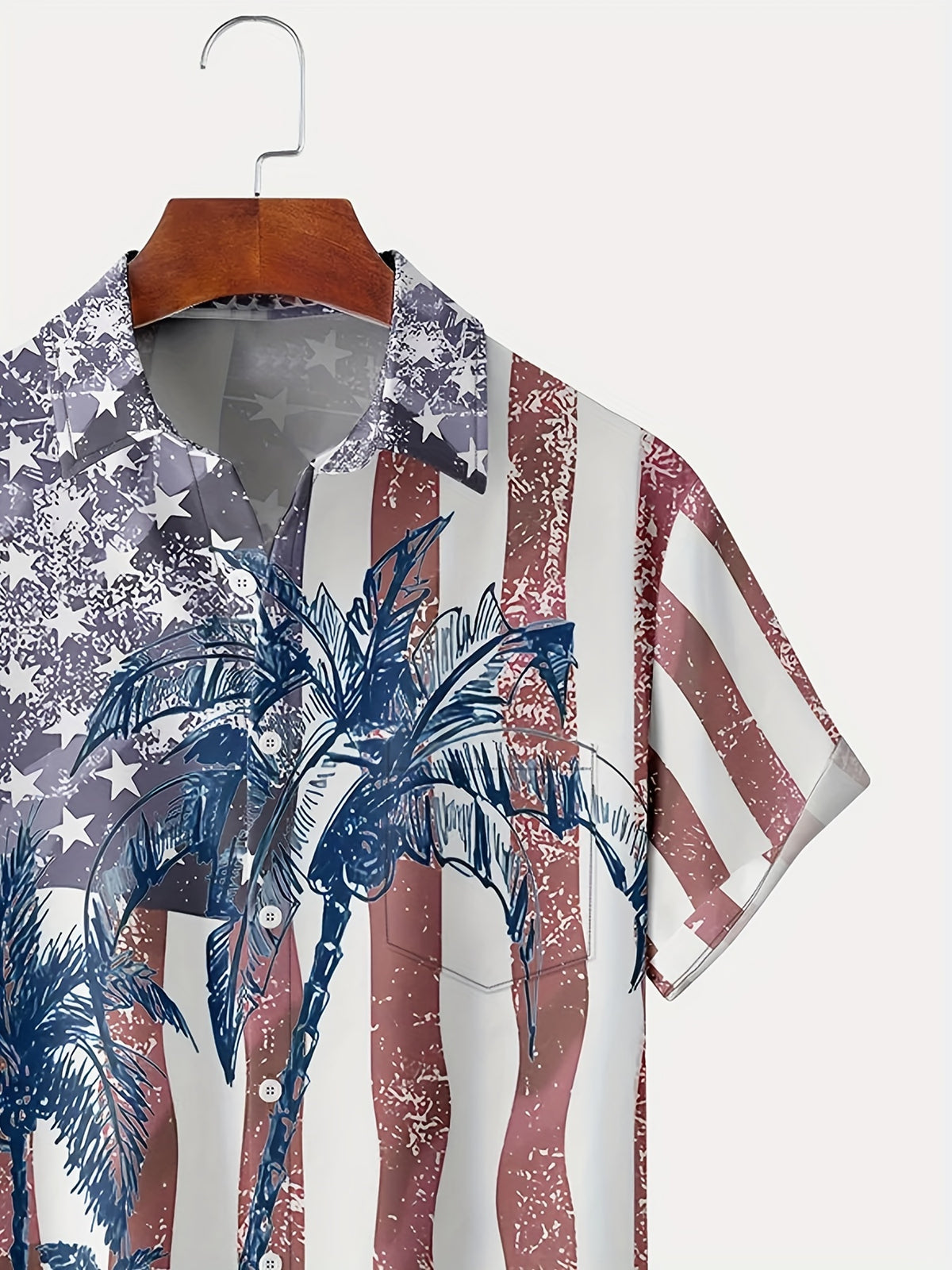 Men'S Plus Size Hawaiian Coconut Tree Print Shirt with Flag Design | Button Closure, Lapel Collar, Slight Stretch Fabric, Summer Vacation Style