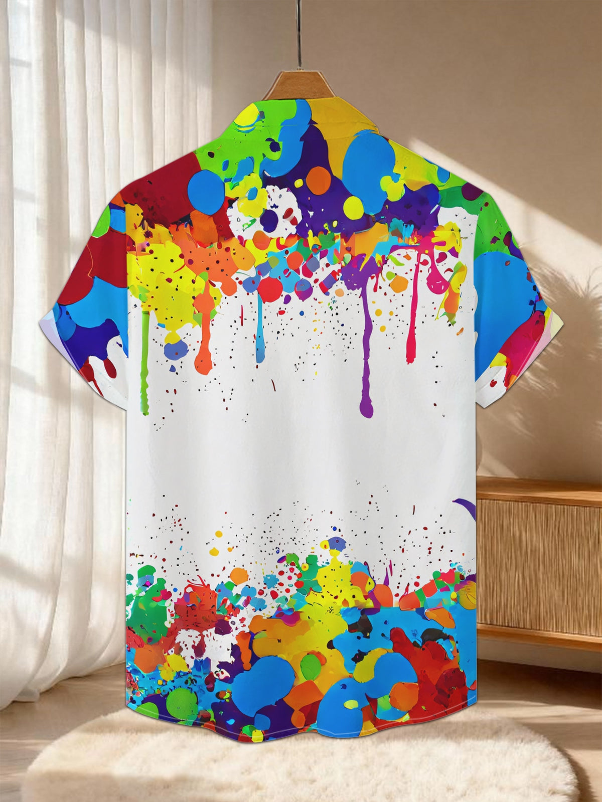 New Men'S Casual Short-Sleeved Shirt, Full of Colorful Ink Splashes, with Blank Space Embedded in Between, Versatile for Holiday Parties And Commuting, Polyester Fiber Fabric, Machine Washable, Button- Print Shirt