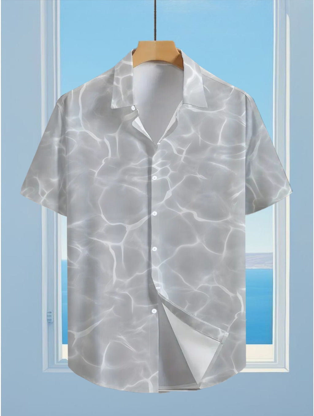 Men's Hawaiian Gray Water Wave Short Sleeve Button- Shirt - Loose Fit Collar, Full-Body Hawaiian Print, Button Front Closure, Machine Washable Summer Beachwear for Casual & Smart-Casual Outfits