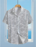 Men's Hawaiian Gray Water Wave Short Sleeve Button- Shirt - Loose Fit Collar, Full-Body Hawaiian Print, Button Front Closure, Machine Washable Summer Beachwear for Casual & Smart-Casual Outfits