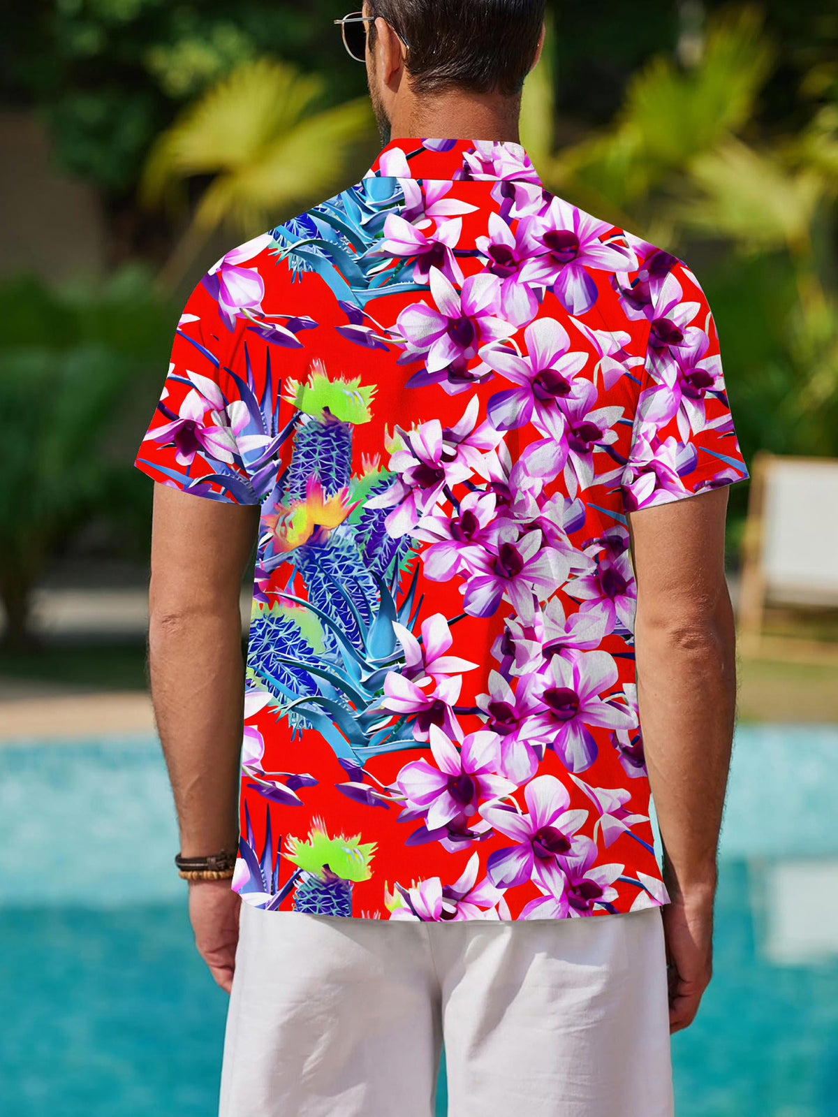 New Men's Casual Short-Sleeve Shirt - Purple Orchid and Pineapple Tropical Print, Red Base with Classic Collar Design, for Summer Beach Vacations and Daily Wear