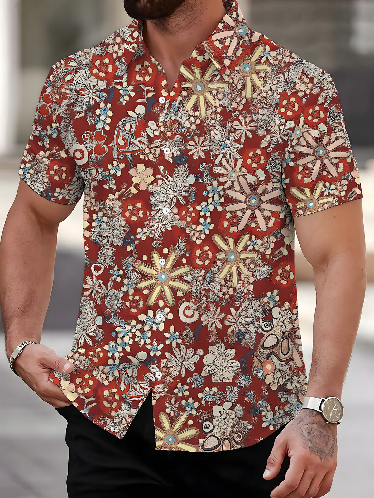 Men's Short-Sleeve Shirt with Colorful Floral Print, Vibrant Flower Pattern, Cool Summer Casual Shirt, Suitable for Daily Outdoor and Party Wear