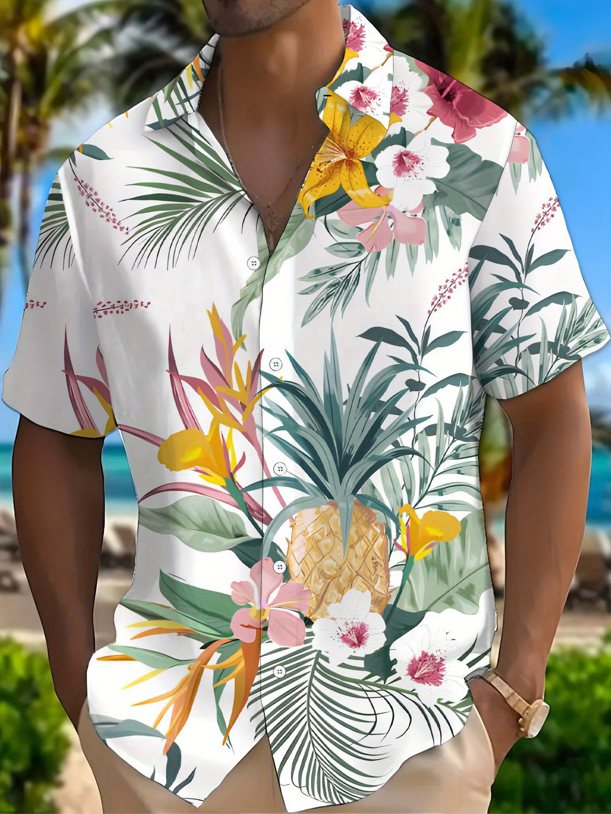 New Men's Casual Short-Sleeve Shirt with Digital Print, Tropical Floral and Botanical Pattern, Stylish and Elegant / Printed / Trendy / Streetwear / Men's / Summer / Clothing