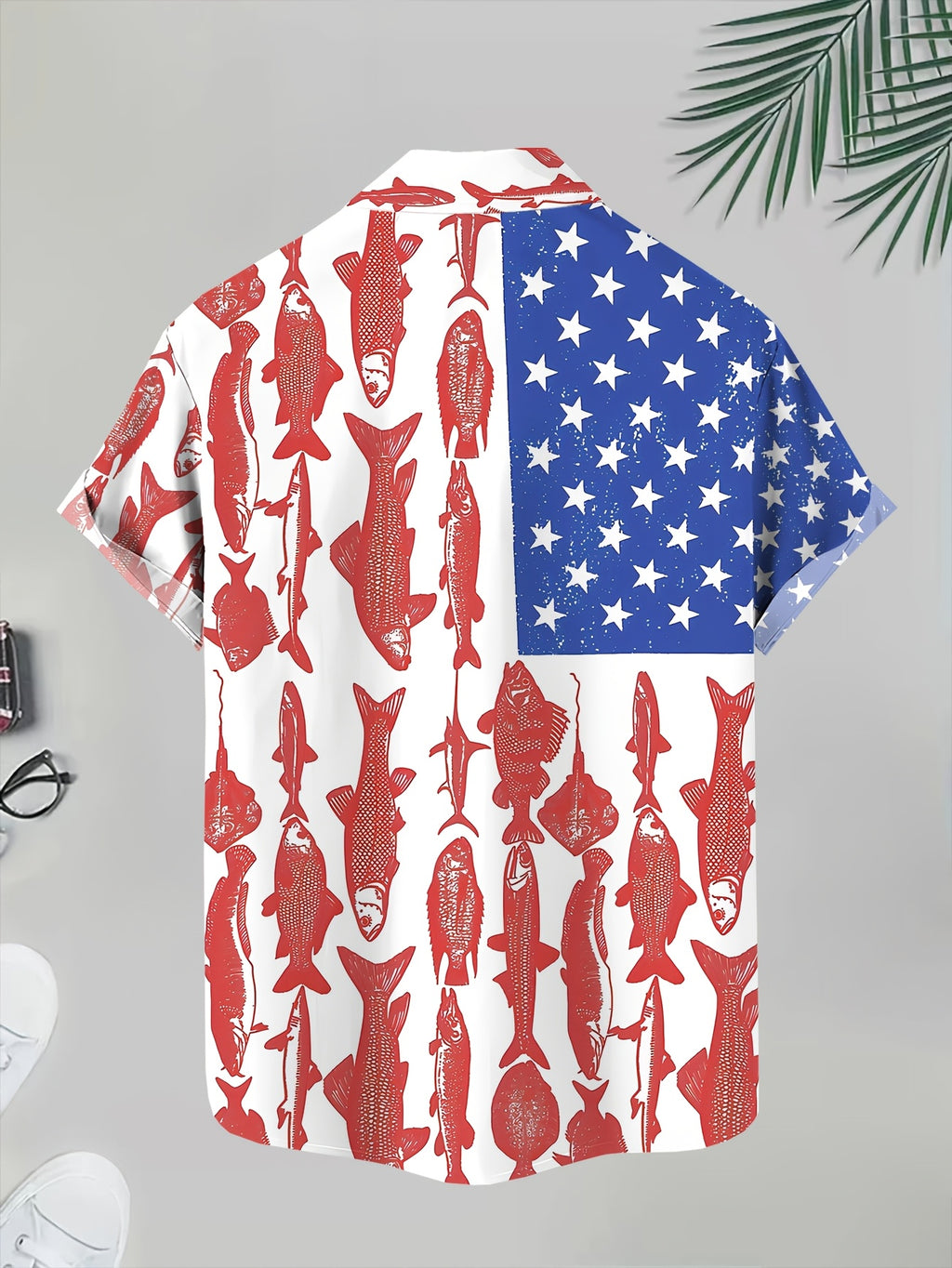 New Men's Casual Stars and Stripes Red Fish Print Shirt, Suitable for Daily Commutes, Casual Outings, Dates, Friend Gatherings, and Shopping. Easily Handles All Scenarios and Meets All Summer Outfit Needs