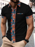 Fashion Casual Style Men'S Casual Shirt, Printed Pattern, Blue And Orange Geometric Design, Summer, Traditional African Tribal Elements, Fashion Casual Short-Sleeve Shirt