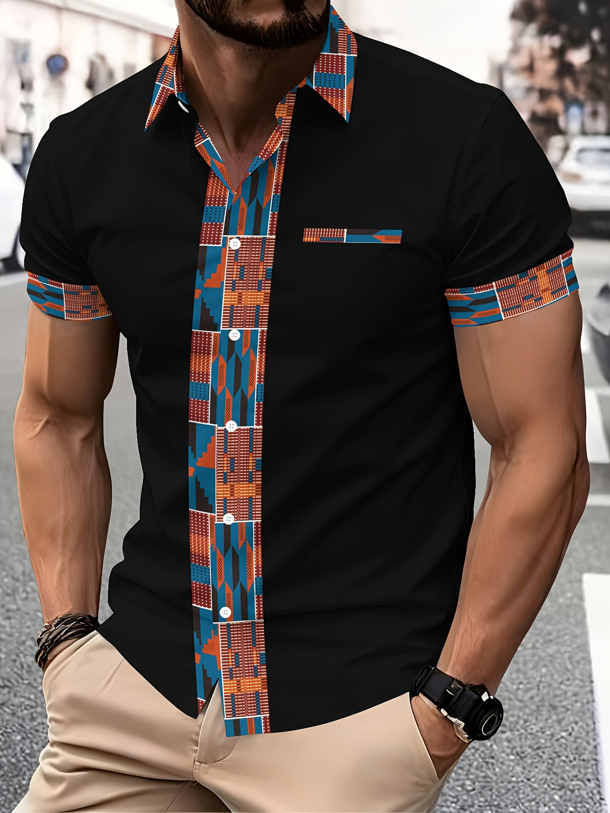 Fashion Casual Style Men'S Casual Shirt, Printed Pattern, Blue And Orange Geometric Design, Summer, Traditional African Tribal Elements, Fashion Casual Short-Sleeve Shirt
