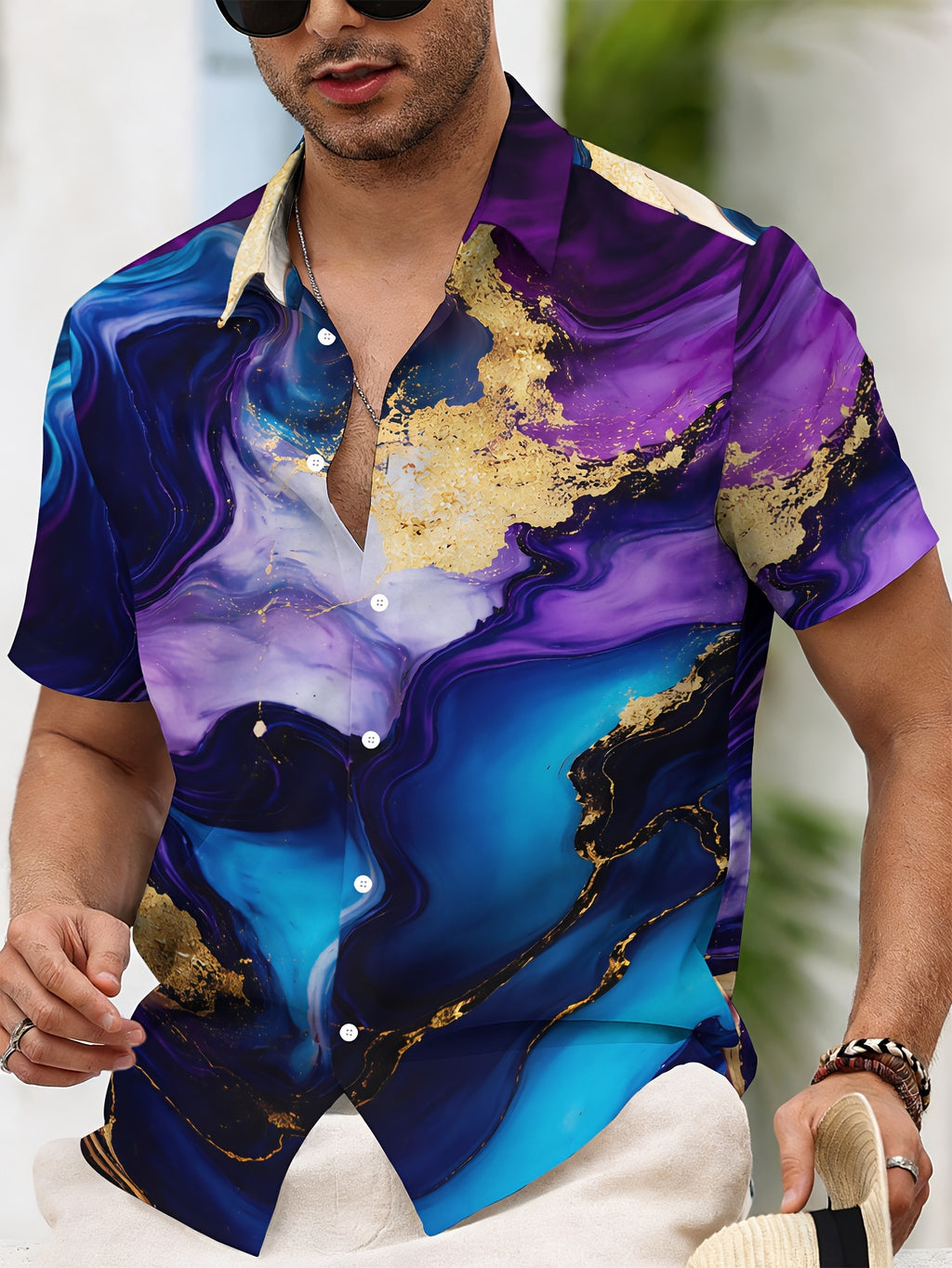 Men'S Casual Shirt, Abstract Art Design Print, Summer Golden And Purple Swirl Pattern