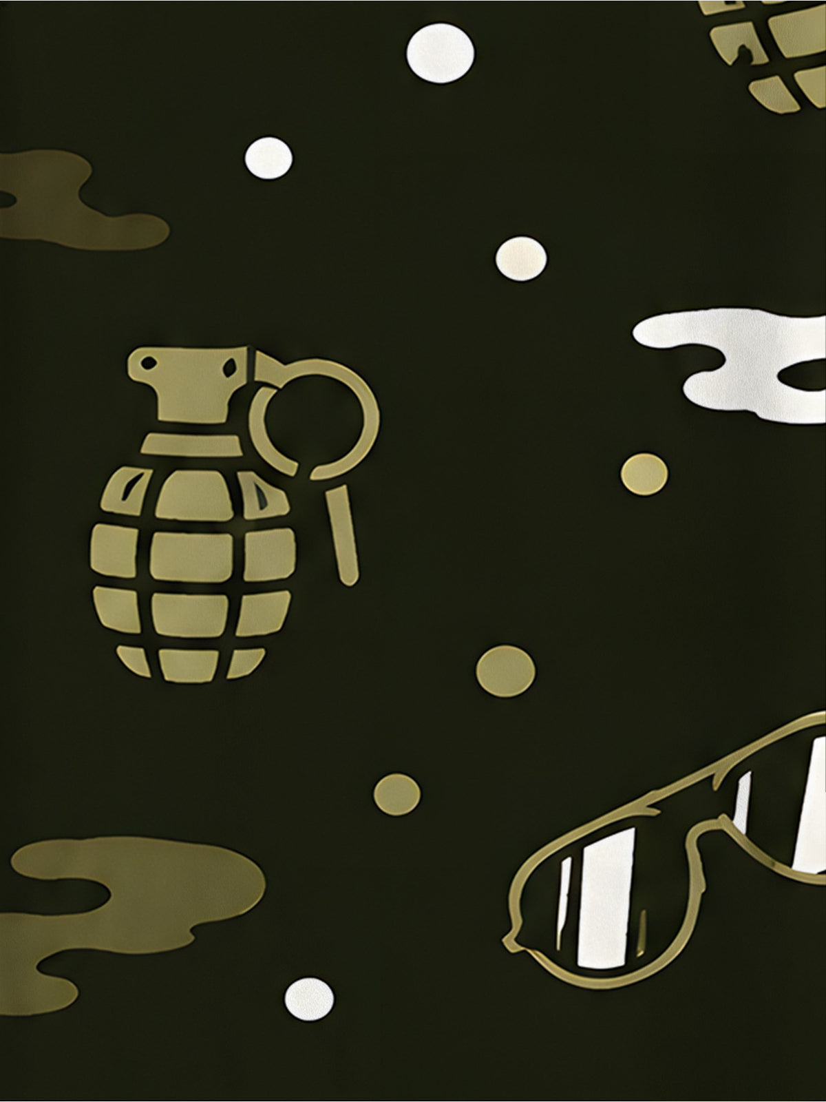 Men'S Short-Sleeve Shirt, Dark Green Street Style with Cartoon Hand Grenade Graffiti, Fashionable And Trendy Design