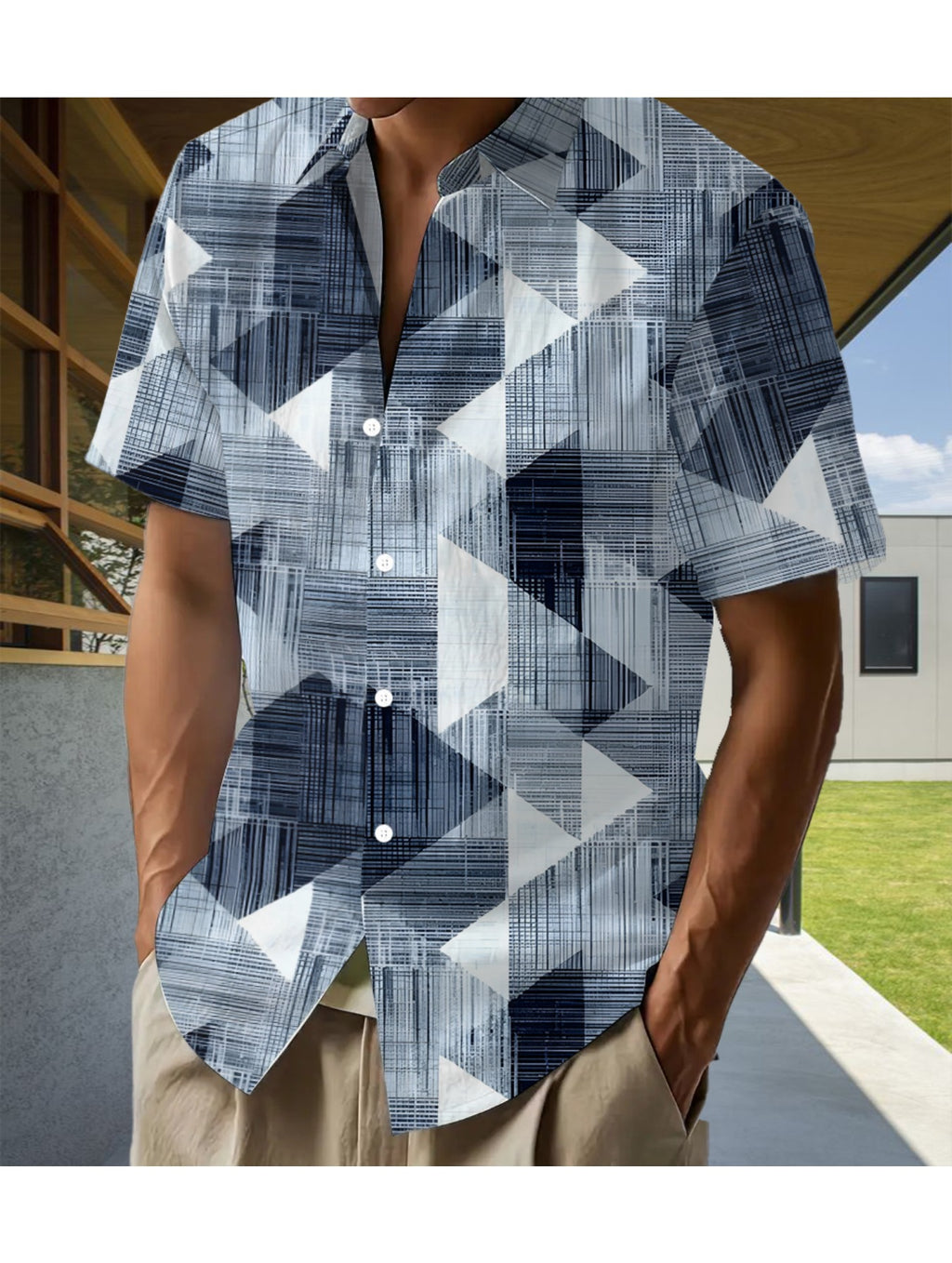 Hawaiian Geometric Triangle Print Men's Casual Shirt - Short Sleeve Button Design, Vibrant Colors, Summer Outdoor and Casual Wear, Machine Washable