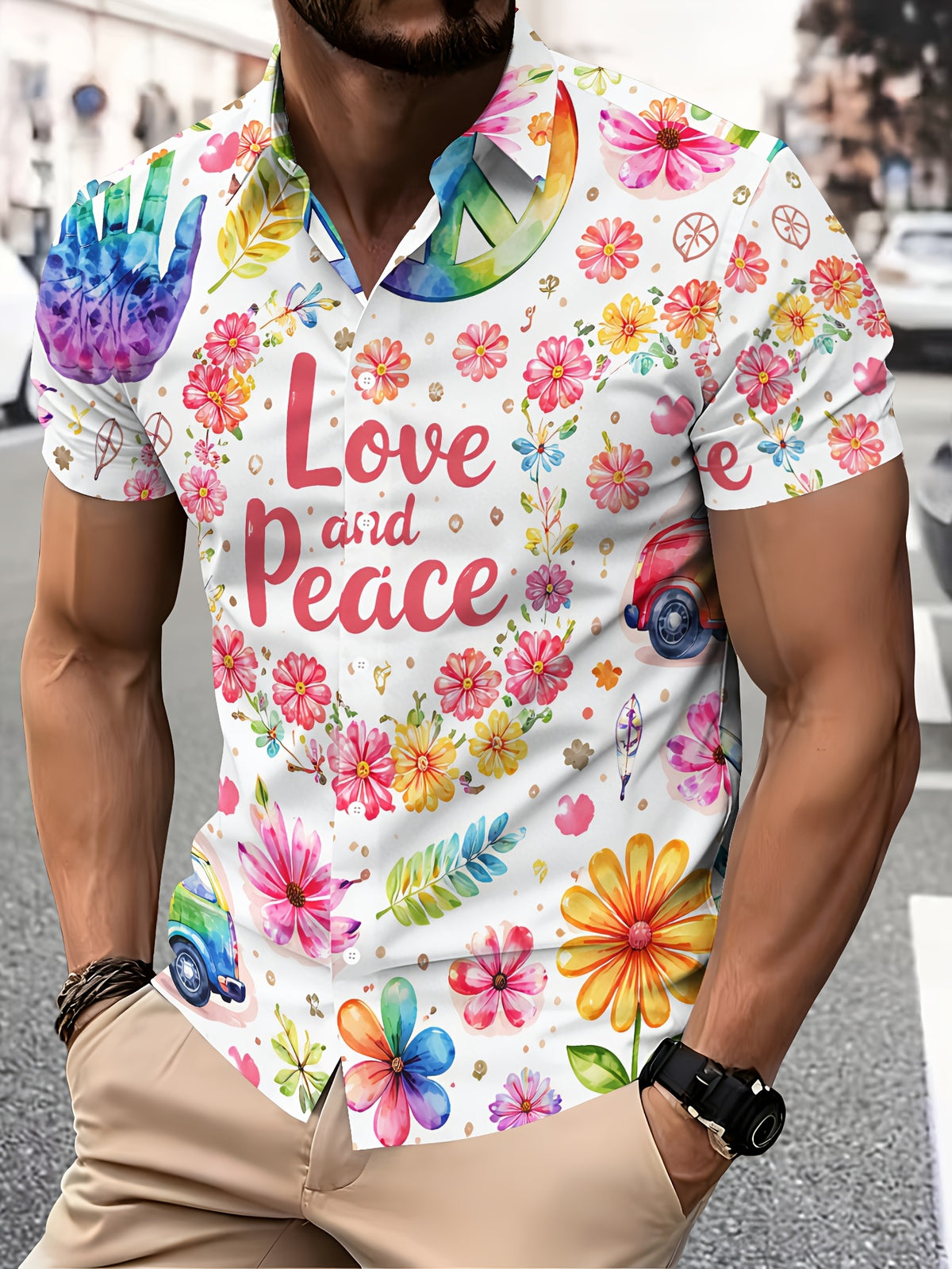 Hawaiian Style Men's Casual Shirt "Love and Peace" Floral Print with Summer Colorful Flowers and Peace Symbol Design