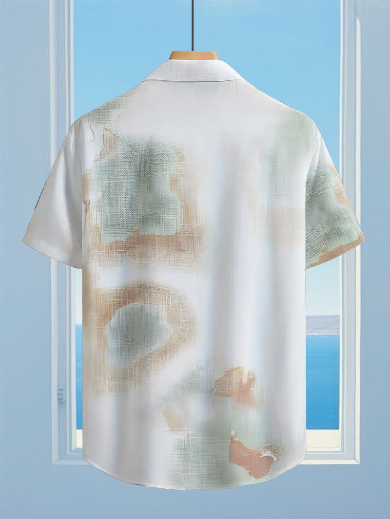Hawaiian Tropical Green, Yellow, And White Ink Print Men'S Casual Shirt - Short-Sleeved Button Design, Suitable for Outdoor And Casual Wear in Summer