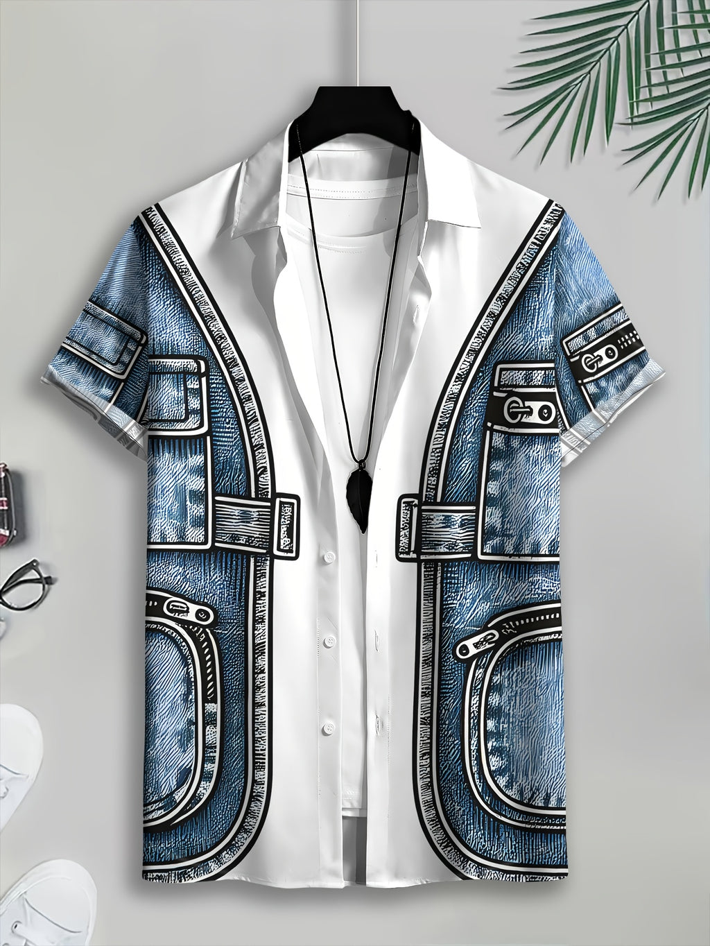 Printeddesign-Nottextured 2Dprinting Men'S Casual Shirt, Polyester Material, Mixed Color, Multiple Sizes Available, Faux Denim Print, Fashionable Summer Style, Trendy Top