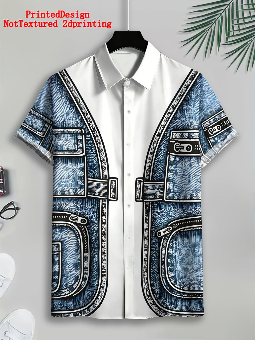 Printeddesign-Nottextured 2Dprinting Men'S Casual Shirt, Polyester Material, Mixed Color, Multiple Sizes Available, Faux Denim Print, Fashionable Summer Style, Trendy Top