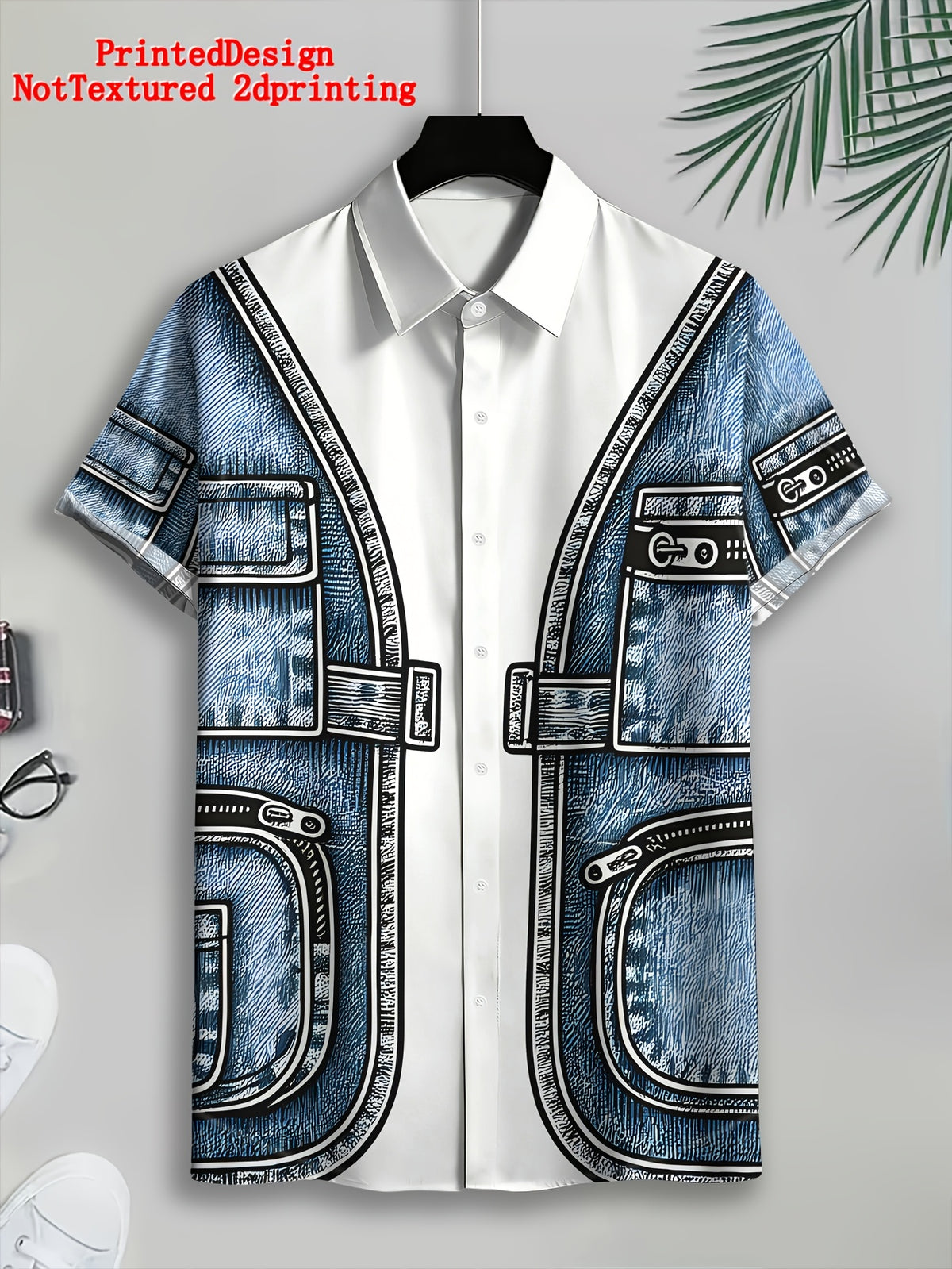 Printeddesign-Nottextured 2Dprinting Men'S Casual Shirt, Polyester Material, Mixed Color, Multiple Sizes Available, Faux Denim Print, Fashionable Summer Style, Trendy Top