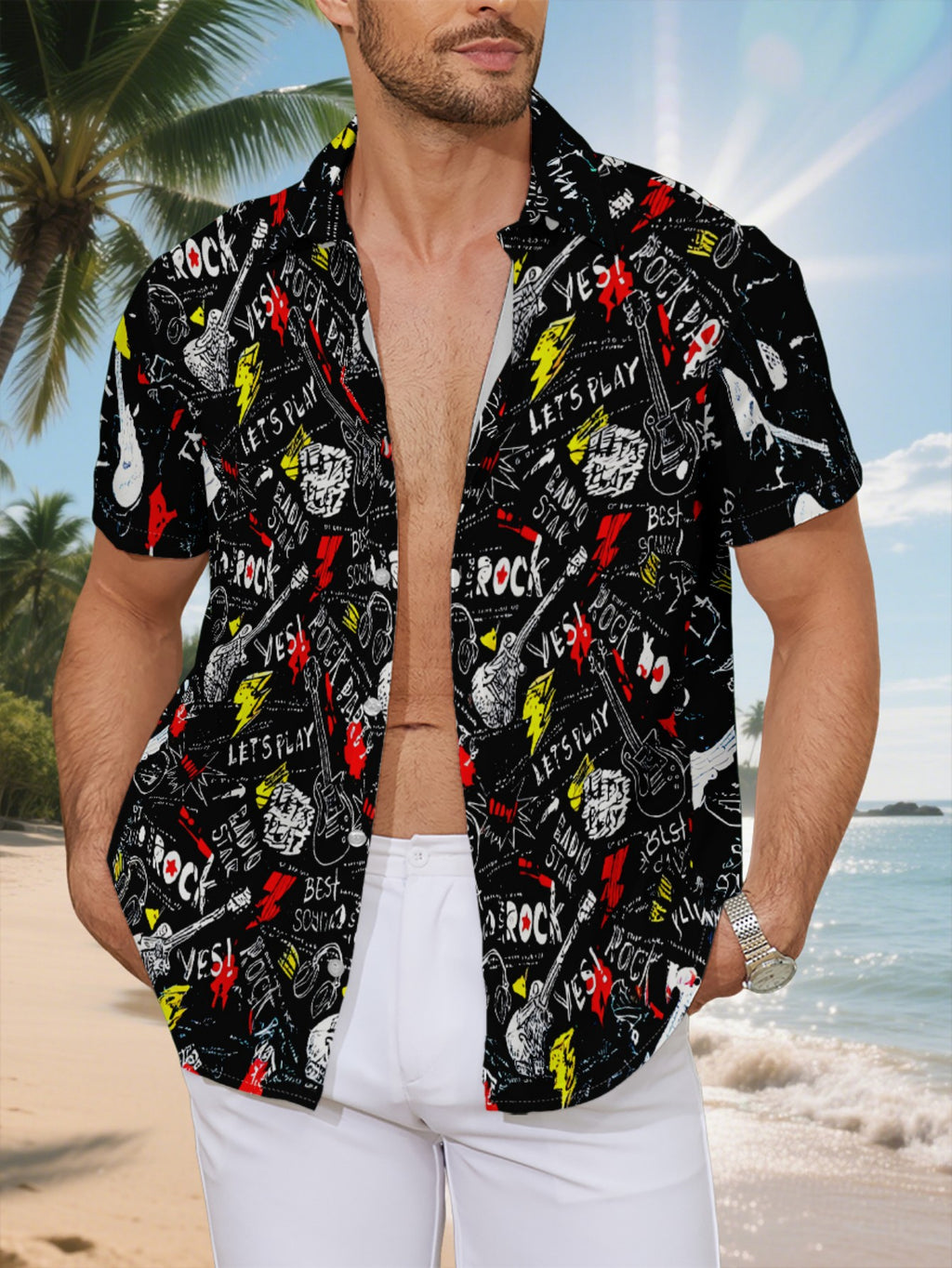 New Men'S Casual Short Sleeve Shirt, Black Base Full Print Rock Elements Hand-Painted Style Street Feel, Holiday Party Commute Versatile, Fabric Machine Washable, Button-Up Print Shirt