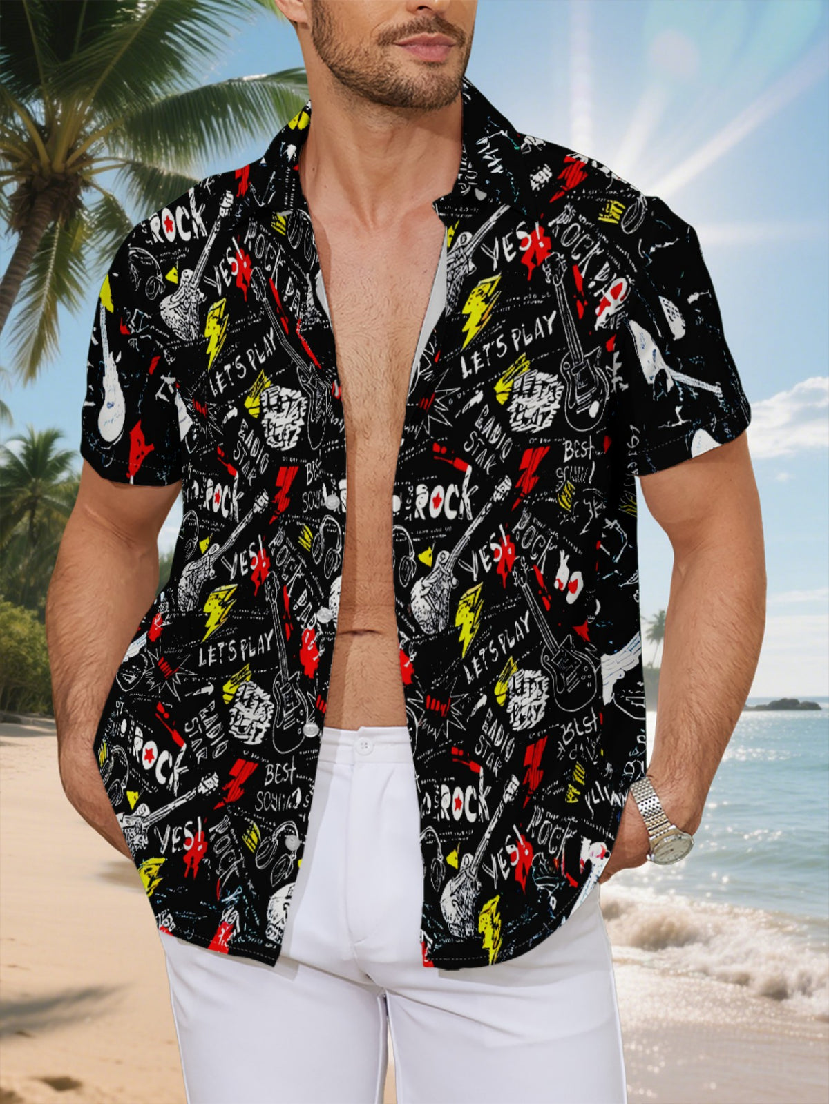 New Men'S Casual Short Sleeve Shirt, Black Base Full Print Rock Elements Hand-Painted Style Street Feel, Holiday Party Commute Versatile, Fabric Machine Washable, Button-Up Print Shirt