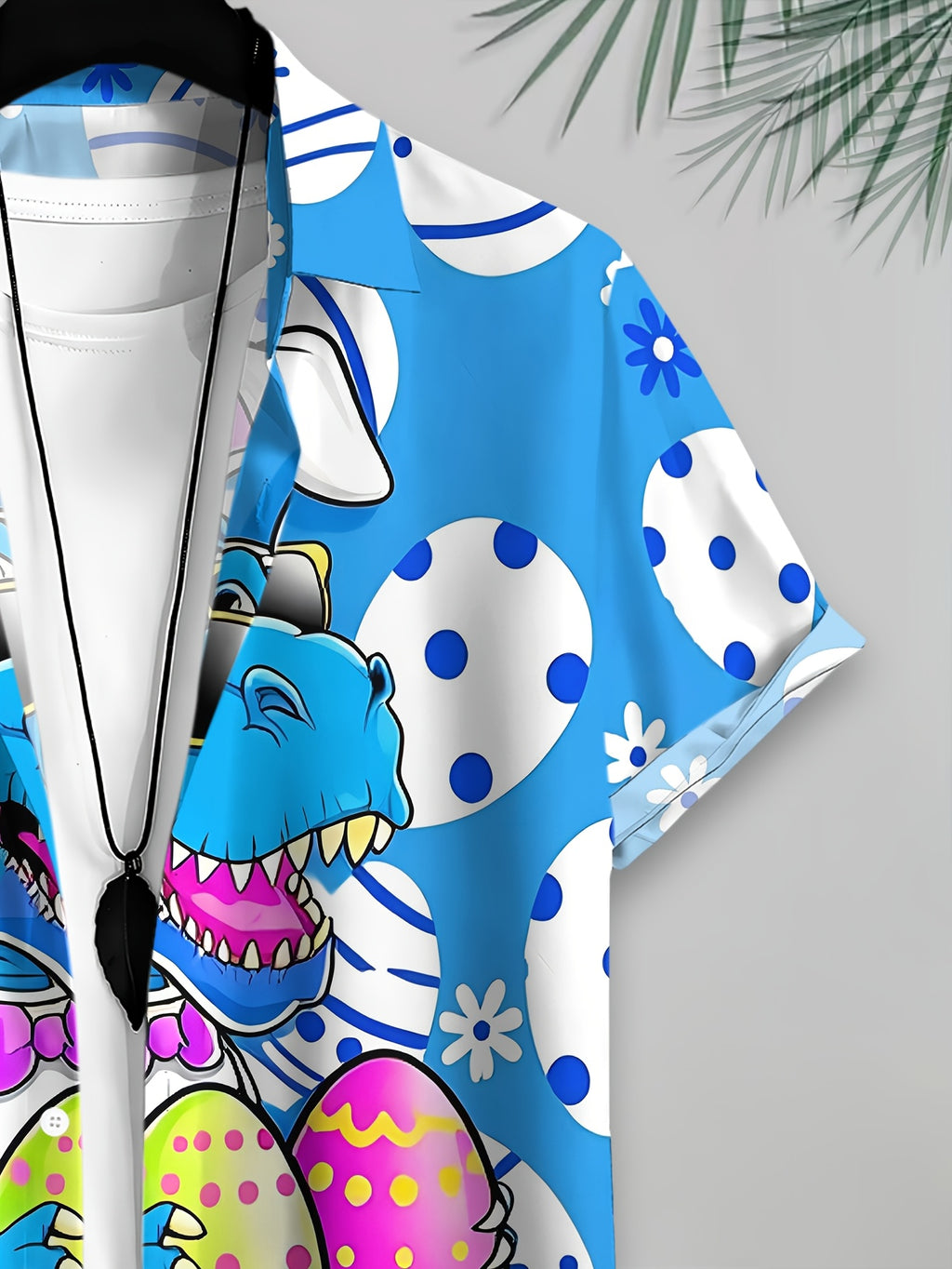 Hawaiian Style Men's Casual Shirt Print Blue Dinosaur Easter Bunny Pattern Spring Summer Fun Cartoon Character with Eggs And Basket