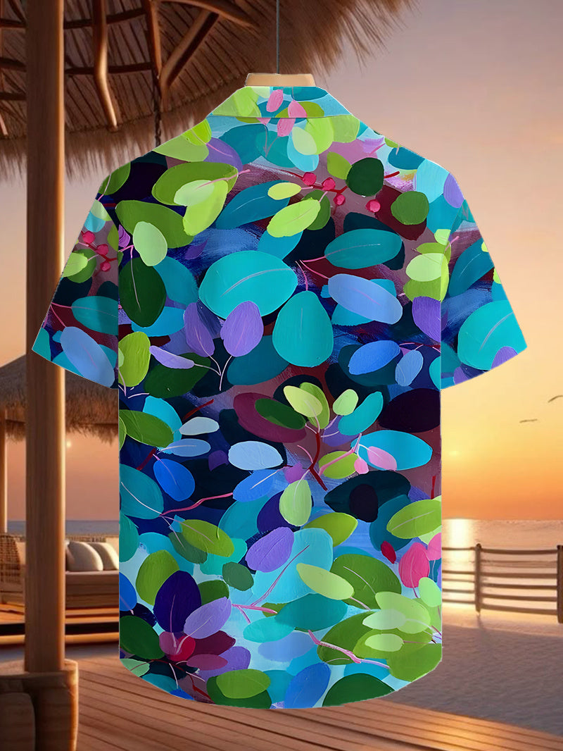 Men'S Casual Shirt with a Tropical Hawaiian Style Featuring Vibrant Leaf Patterns - Short-Sleeved with Button Design, Perfect for Outdoor And Leisure Wear in Summer