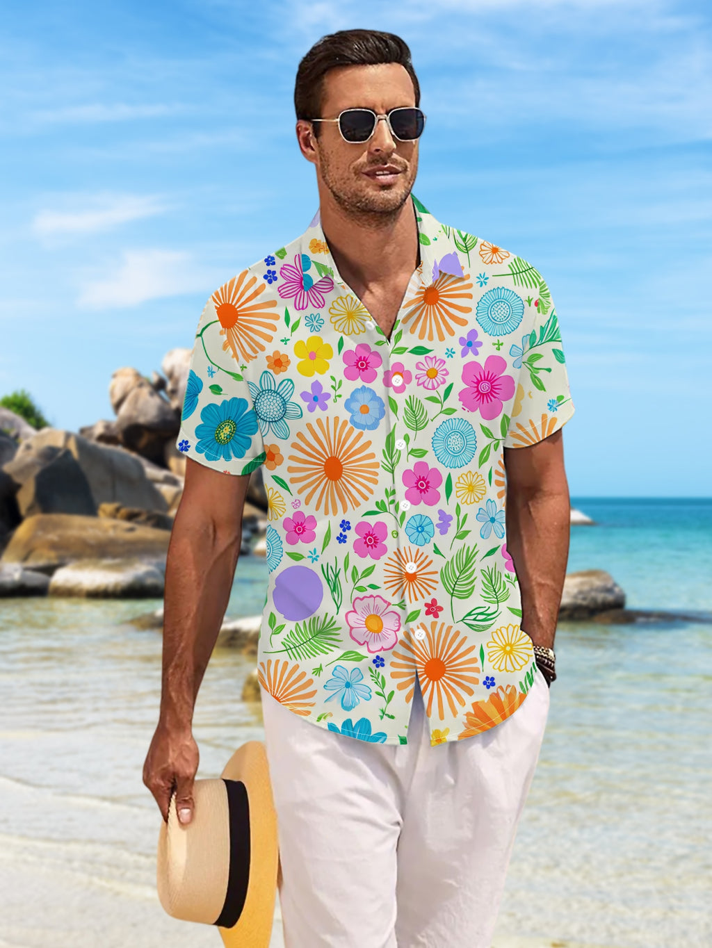 New Men's Casual Short-Sleeve Shirt with Full-Print Vibrant Small Floral and Leaf Pattern, Fresh and Romantic, Versatile for Holiday Parties and Commuting, Machine-Washable Polyester Fiber Fabric, Button-Up Printed Shirt