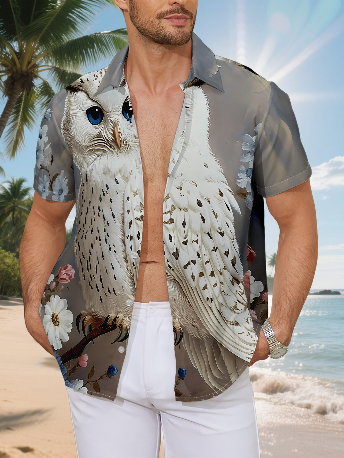 This New Men'S Casual Short-Sleeve Shirt Features a White Feather Dot Pattern And a Blue-Eyed Owl Among Blooming Flowers, Perfect for Festive Gatherings And Commuting. It'S a Versatile And Easy-Going Top Made from Machine-Washable Polyester Fabric W