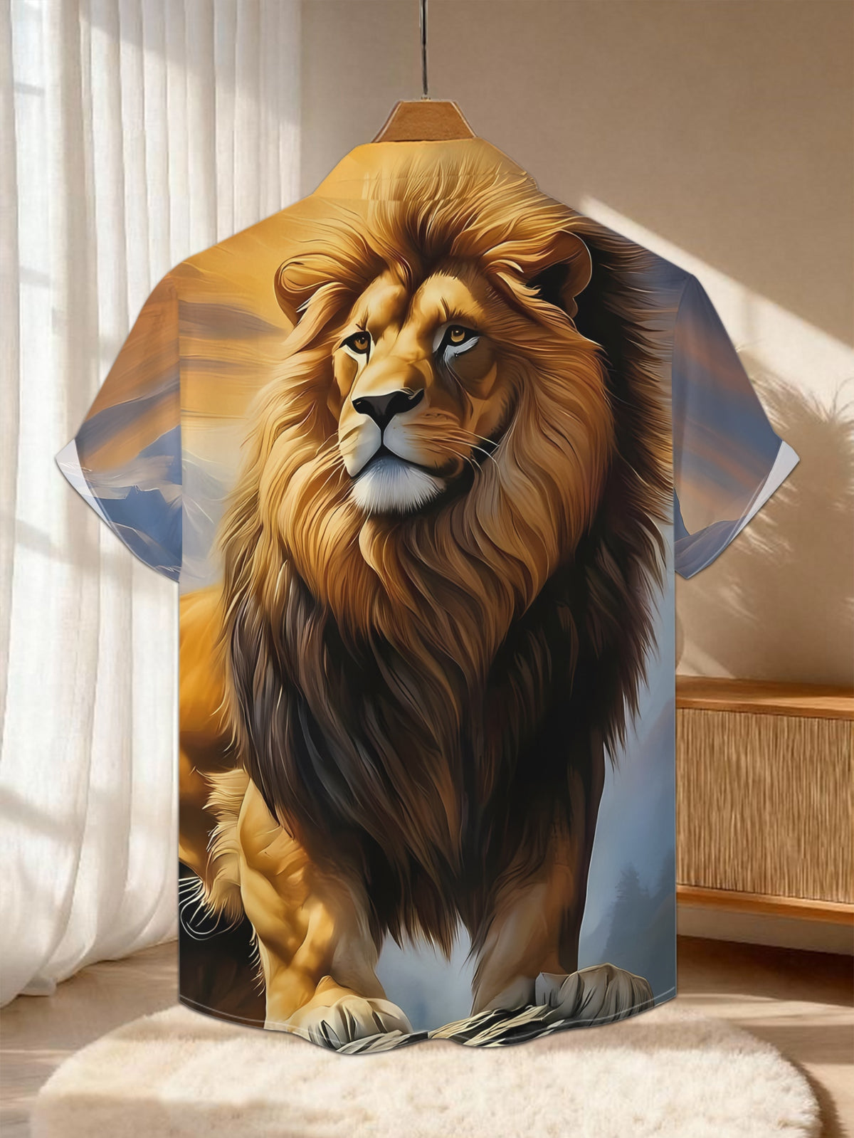 New Men's Casual Short-Sleeve Shirt: Golden Mane Lion Standing on Precarious Cliff, Gazing Majestically at Distant Mountains Bathed in Setting Sun. Versatile for Holiday Gatherings and Commuting. Polyester Fiber Fabric, Machine Washable. Button-Up