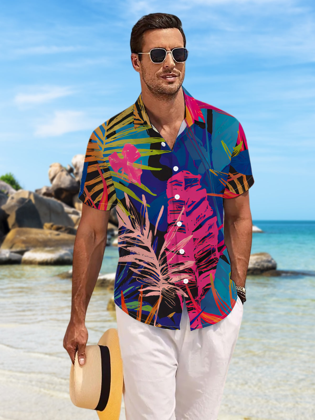 New Men'S Casual Short Sleeve Shirt, Vibrant Tropical Foliage Design, Rich Interwoven Colors, Festive Gatherings And Commute Versatile, Polyester Fabric Machine Washable, Button-Up Print Shirt
