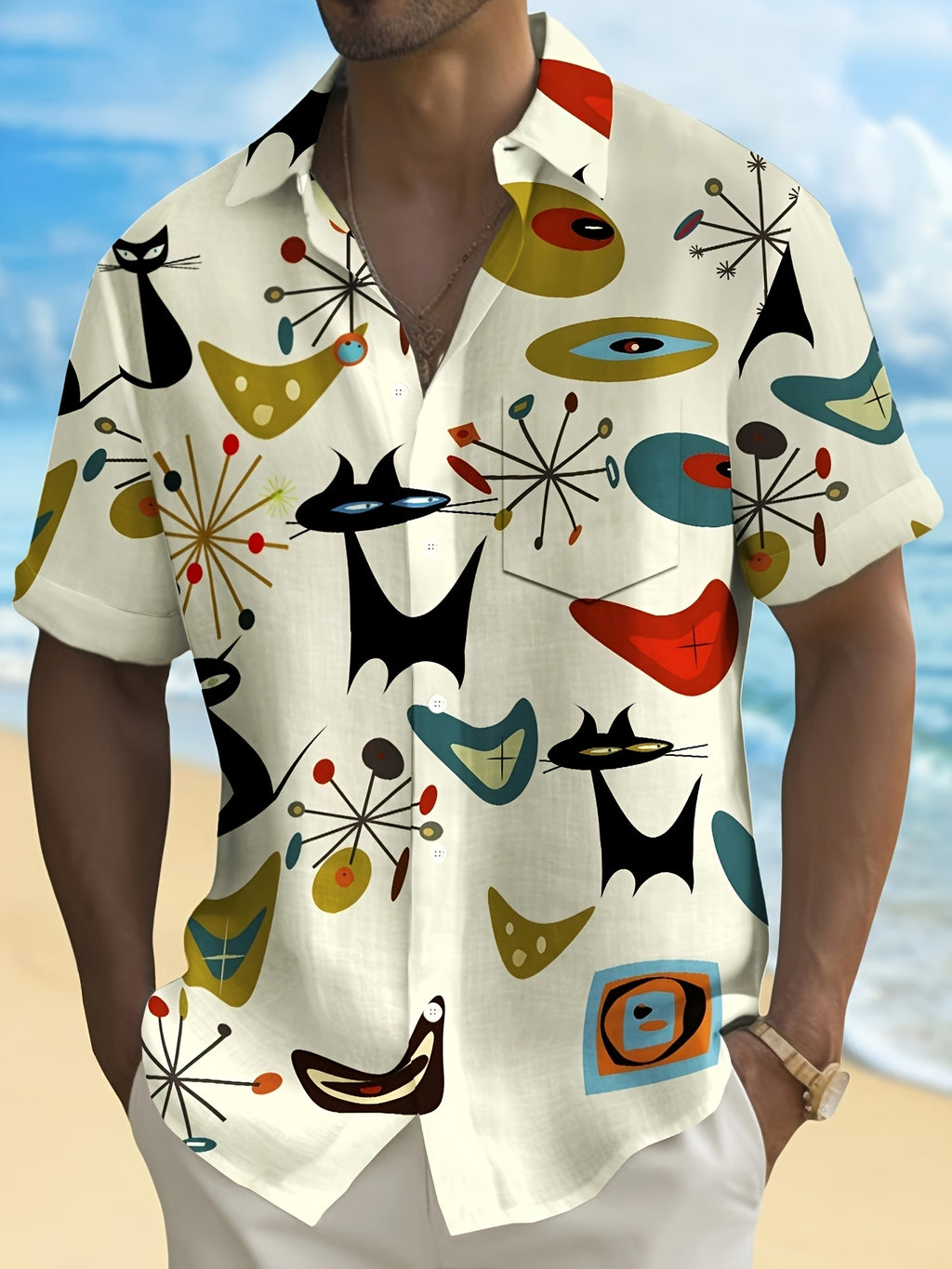 Vintage Medieval Geometric Atomic Cat Print Men's Big & Tall Button- Short Sleeve Shirt, PLUS SIZE