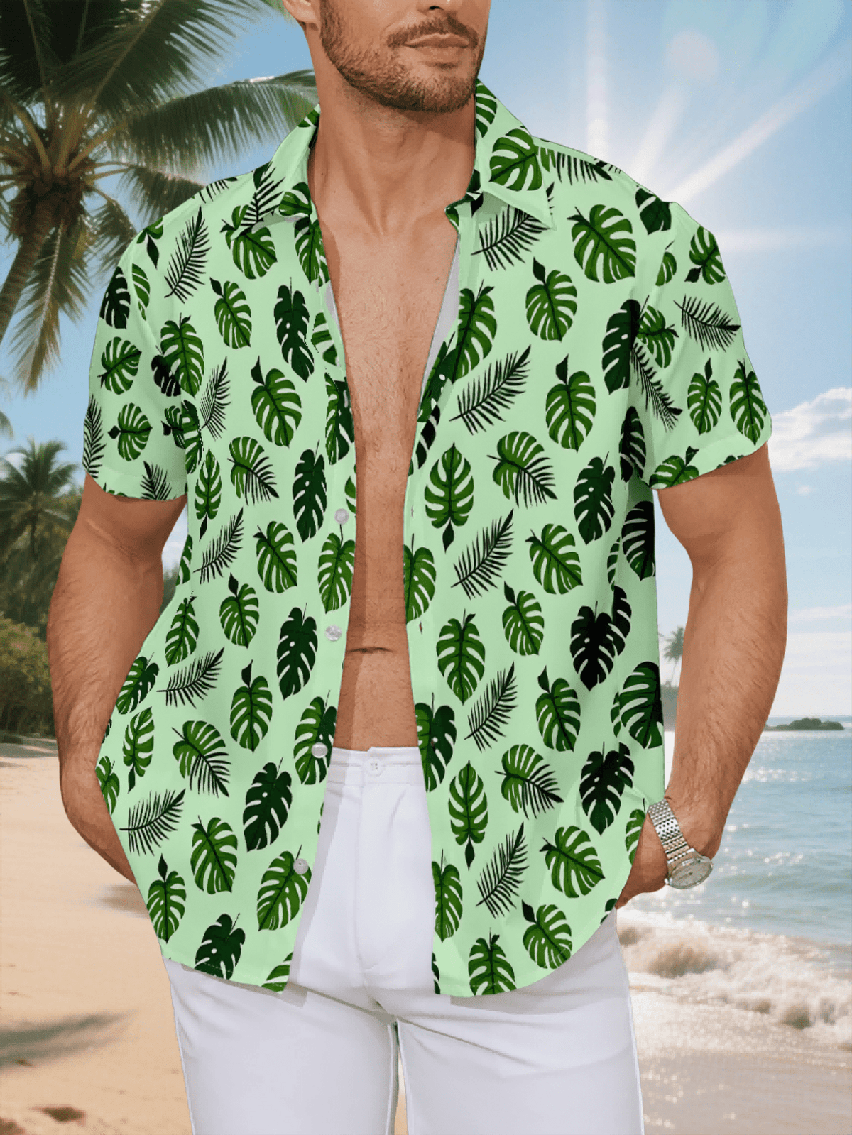 New Men's Casual Short-Sleeve Shirt with Light Green Base and Multi-Colored Dark Green Tropical Leaf Patterns, Versatile for Holiday Parties and Commuting. Made of Polyester Fiber, Machine Washable, Lightweight for Summer. Suitable for Casual Wear