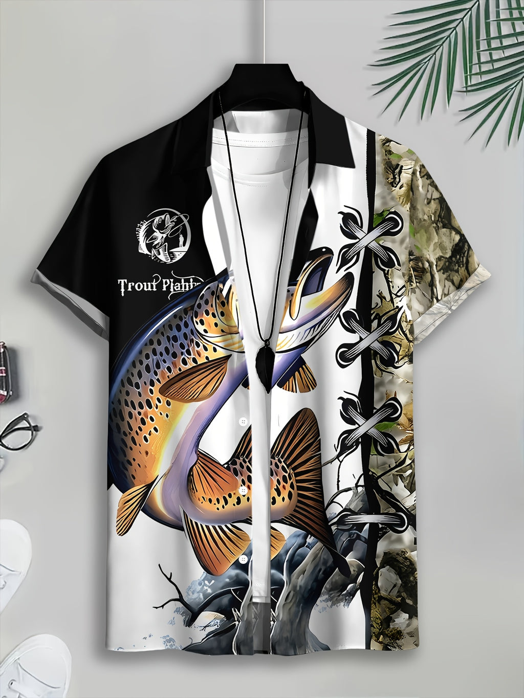 Casual Style Men'S Casual Shirt, Printed Black And White Trout Fishing Pattern Summer Vibrant Fish Design with Camouflage Background And Lacing Detail
