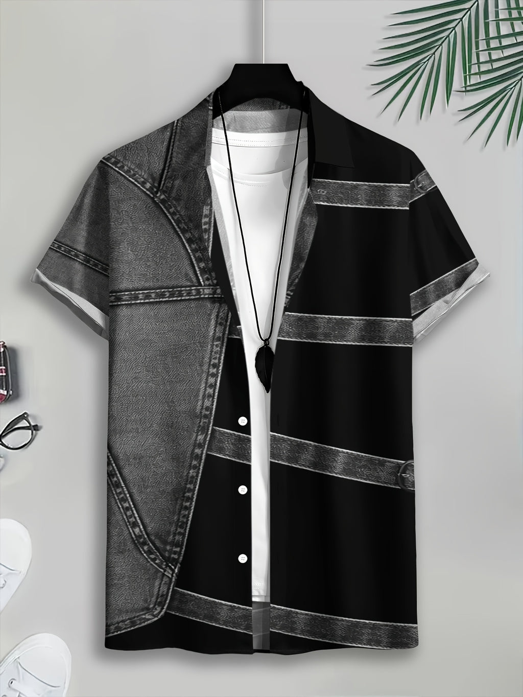 PrintedDesign-NotTextured 2dprinting Denim And Black Patchwork Style Men's Casual Shirt Print Denim Texture Design Summer Bold Contrast Panels