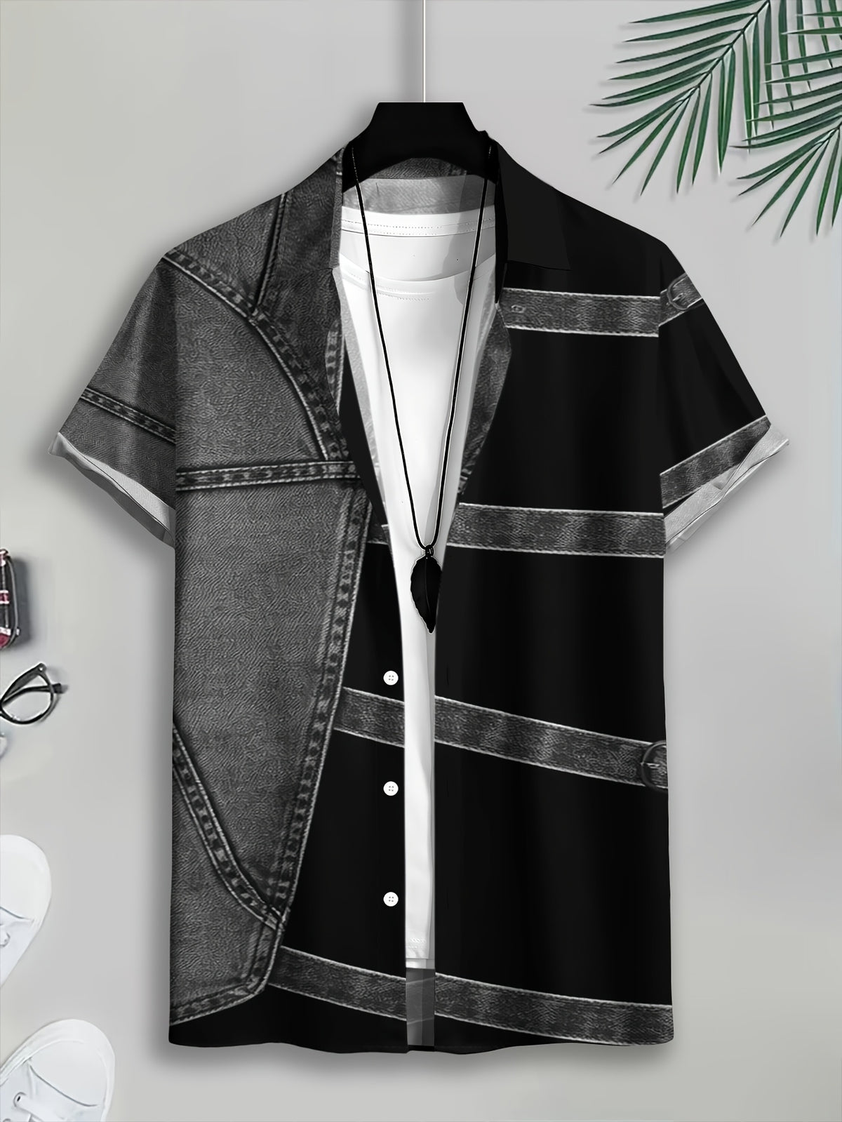 PrintedDesign-NotTextured 2dprinting Denim And Black Patchwork Style Men's Casual Shirt Print Denim Texture Design Summer Bold Contrast Panels