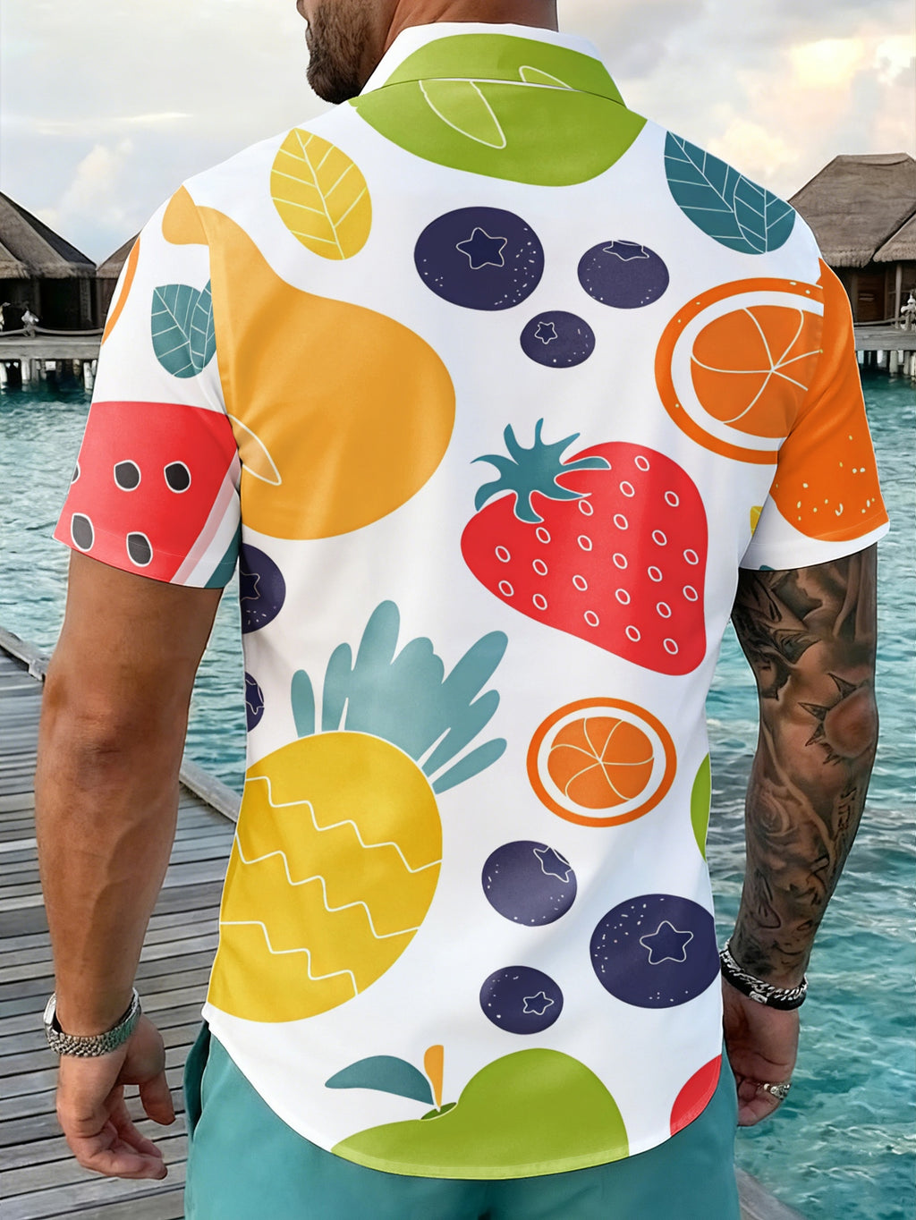 New Men'S Short Sleeve Shirt - Untextured - Colorful Fruit Pattern Cute Warm Print, Fashionable Easy Short Sleeve, Button-Up, Casual Lapel Shirt, Fashionable And Versatile, Suitable for Dates, Beach Vacations, Perfect Gift for Men