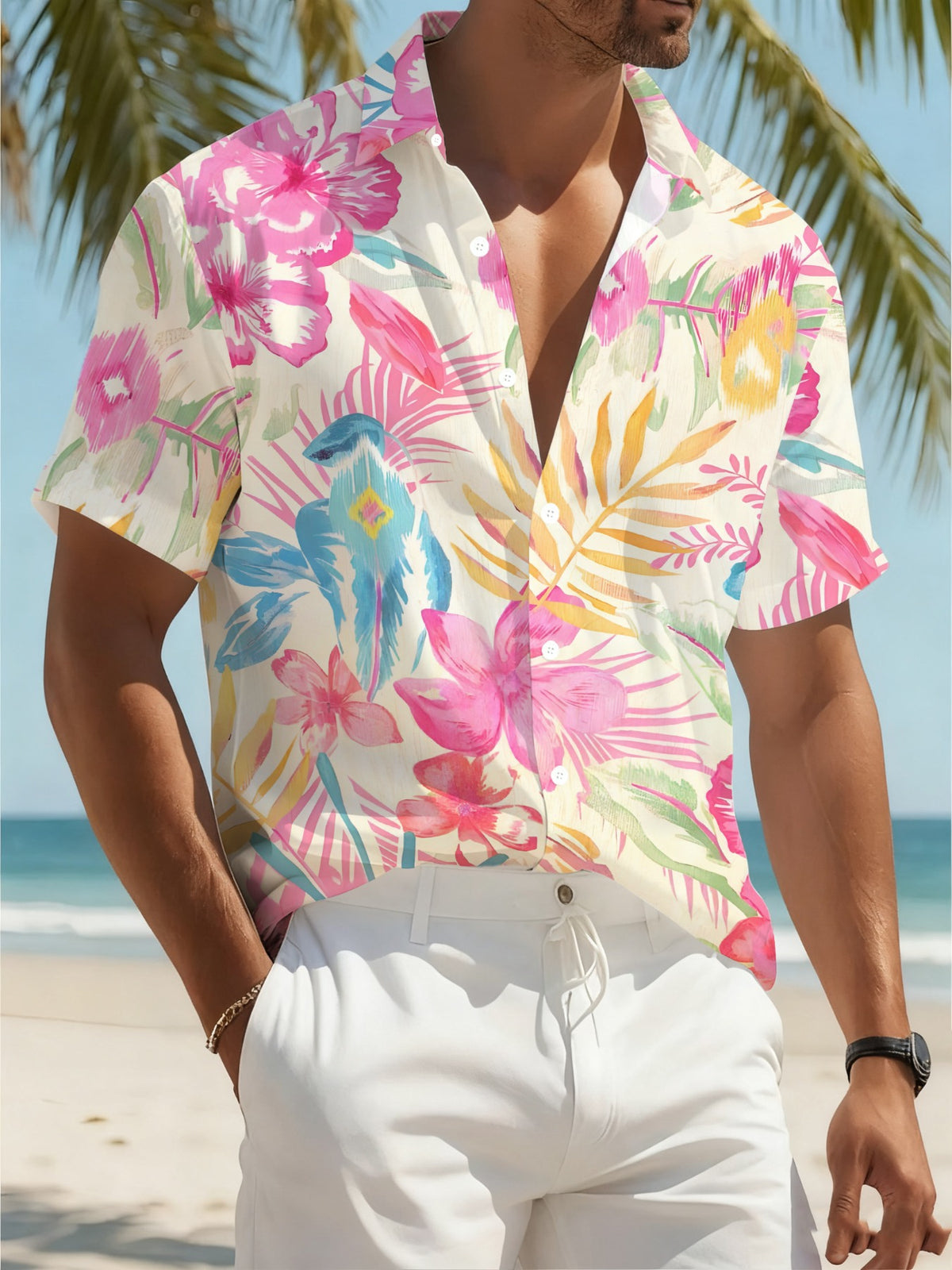 Hawaiian Tropical Paisley Print Men's Casual Shirt - Short Sleeve Button-Up Design, Ideal for Summer Outdoor and Casual Wear