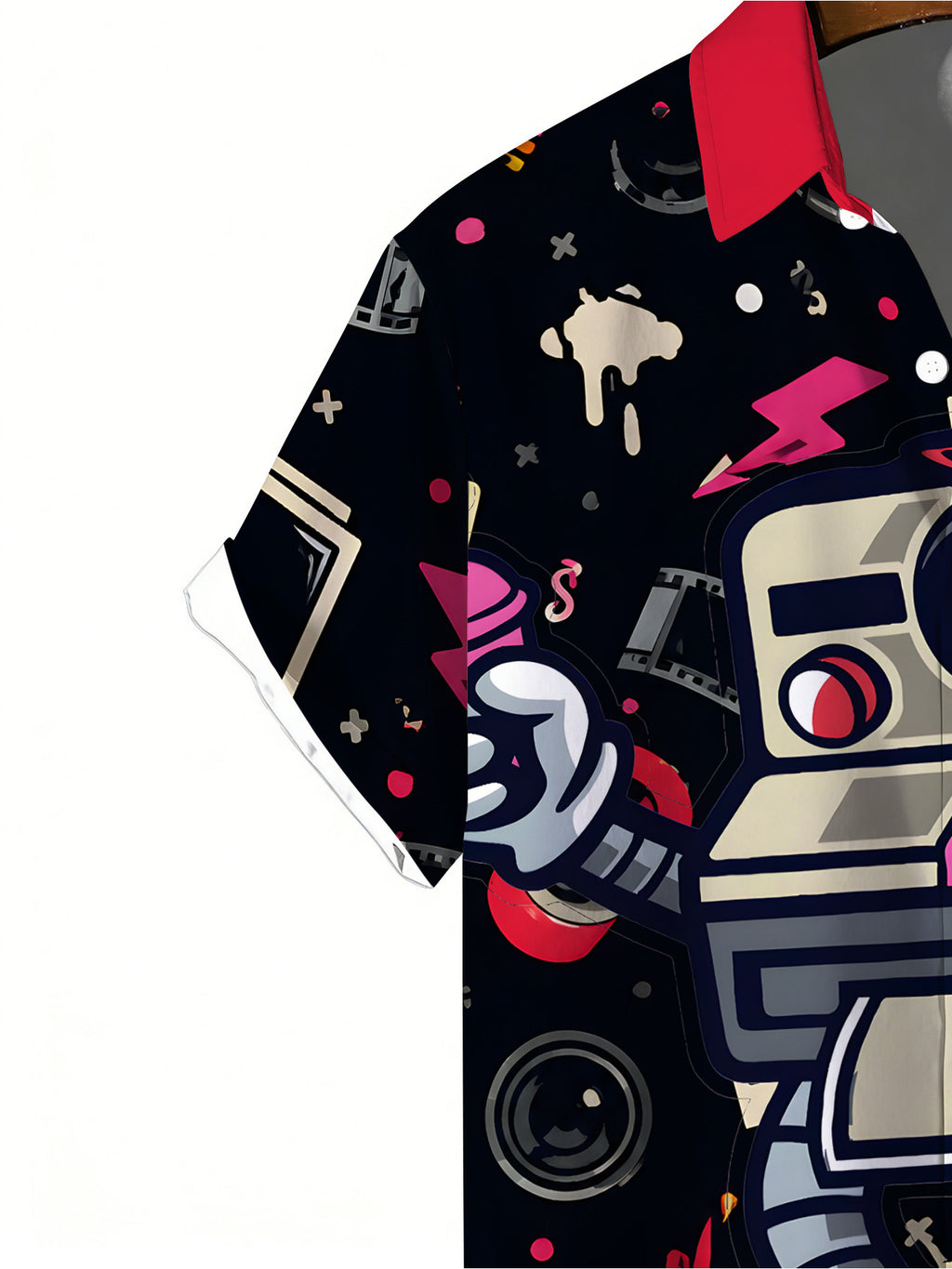Men's Cartoon-style Short-sleeve Shirt, Black and Red Color-blocking with Camera and Skateboard Cartoon Print, Casual Street-style Versatile Shirt