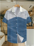 Men's Casual Shirt with Fun Hawaiian Tropical Blue and White Wave Pattern Patchwork Print - Short Sleeve Button-Up Design for Summer Outdoor and Casual Wear, Daily Outfits