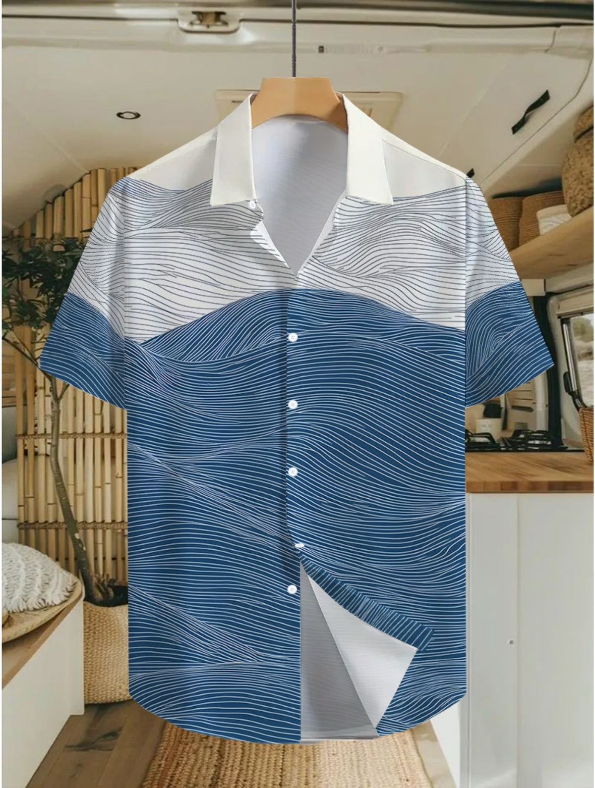 Men's Casual Shirt with Fun Hawaiian Tropical Blue and White Wave Pattern Patchwork Print - Short Sleeve Button-Up Design for Summer Outdoor and Casual Wear, Daily Outfits