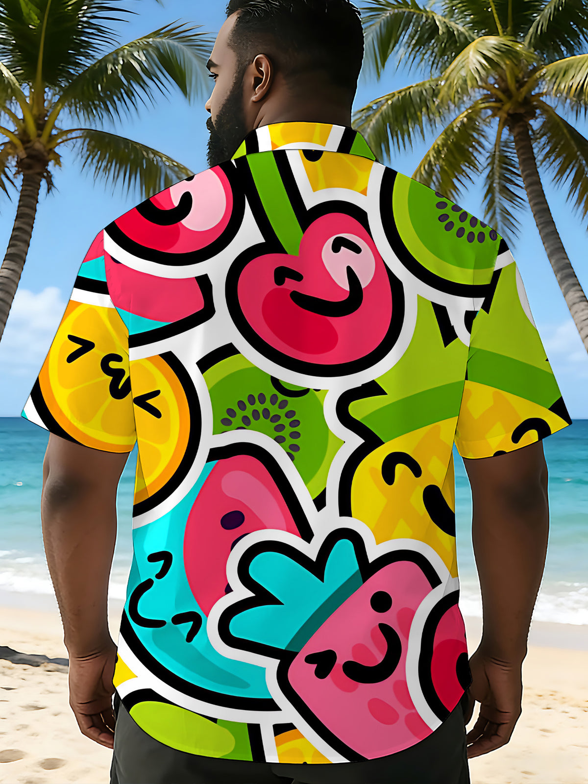 Men's Short-Sleeve Shirt, Fashionable Trendy Digital Print Shirt with Cartoon Fruit in Vibrant Styles, Stylish and Elegant, Summer/Trendy/Clothing/Men's/Printed/Apparel/Streetwear