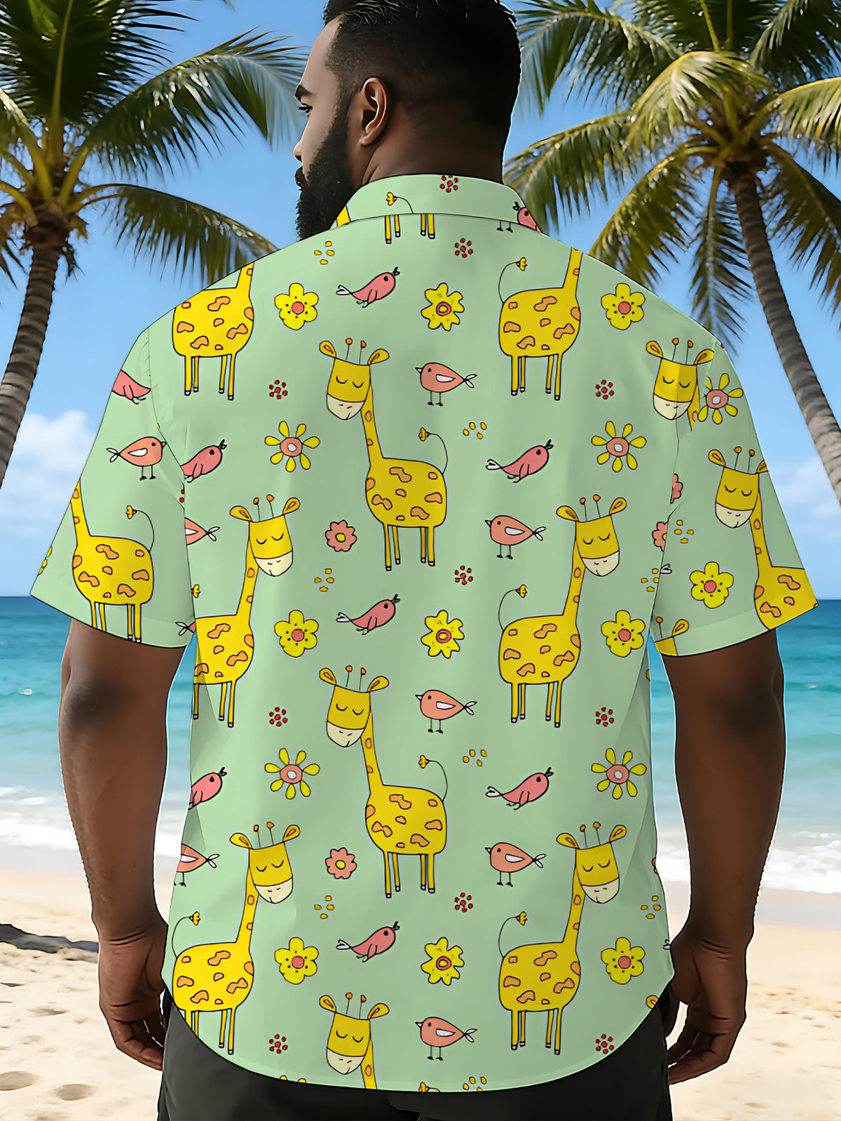 [Print Design - Not Texture] Short Sleeve Shirt Men'S Trendy Digital Print Short Sleeve Shirt Yellow Green Pink Cartoon Animal Pattern Fashionable And Grand Street/Trendy/Print/Clothing/Apparel/Summer/Men