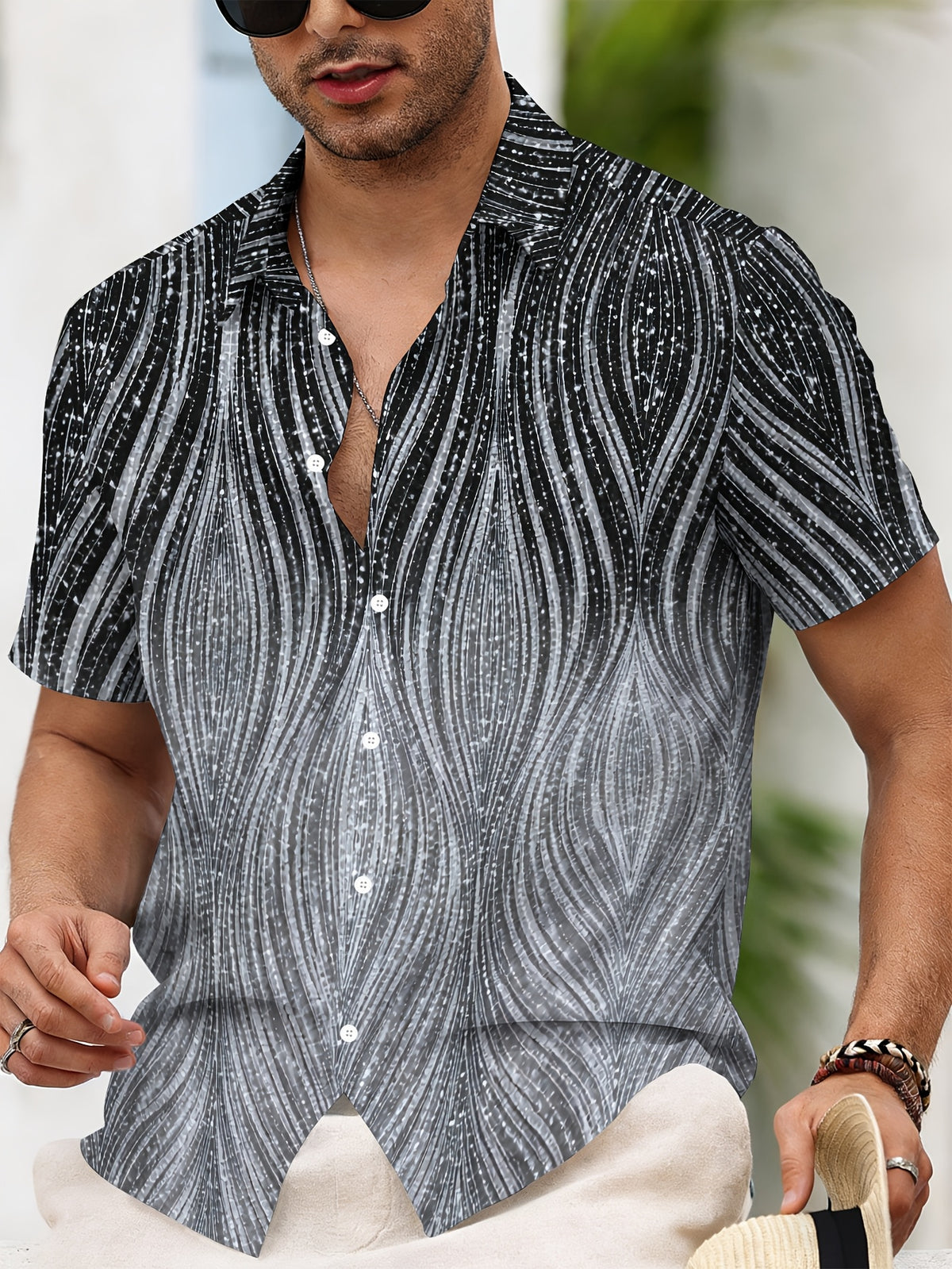 Men'S Casual Shirt, Abstract Wave Pattern Print, Summer Sparkling Texture Design