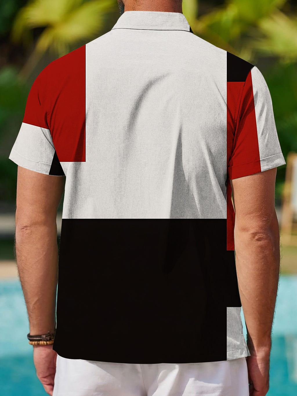 Men'S Short Sleeve Shirt, Geometric Style Print Men'S Print Short Sleeve Square Element Cool Men'S Shirt Red Black White 3-Color Men'S Casual Short Sleeve Shirt Summer