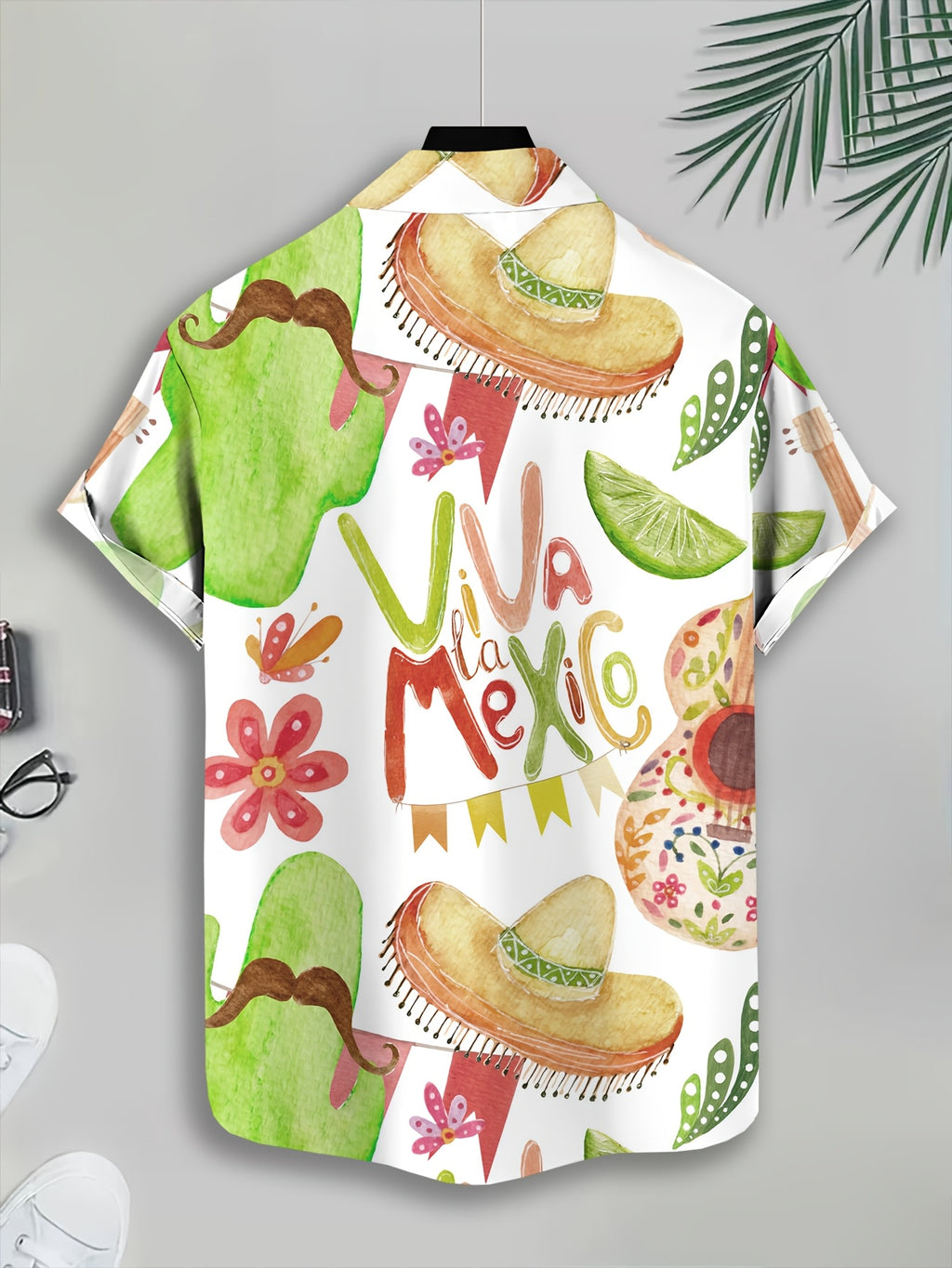 Hawaiian Style Men'S Casual Shirt Watercolor Print White Mexican Theme Graphic Text Viva Mexico Green Cactus Wine Bottle Straw Hat Delicate Flowers Colorful Flags Summer Pattern Vivid Colorful Fashion Casual Short-Sleeve Shirt