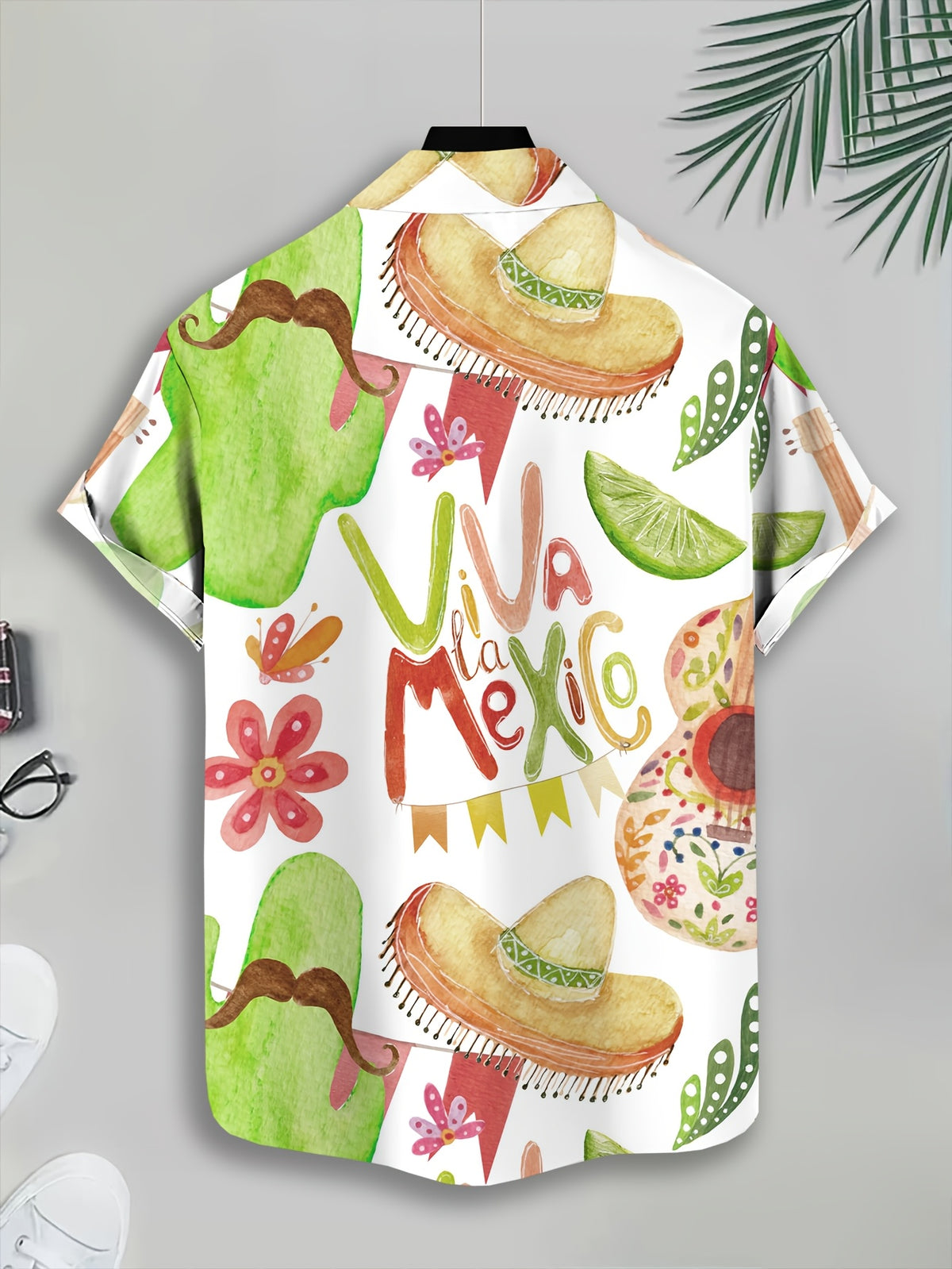 Hawaiian Style Men'S Casual Shirt Watercolor Print White Mexican Theme Graphic Text Viva Mexico Green Cactus Wine Bottle Straw Hat Delicate Flowers Colorful Flags Summer Pattern Vivid Colorful Fashion Casual Short-Sleeve Shirt