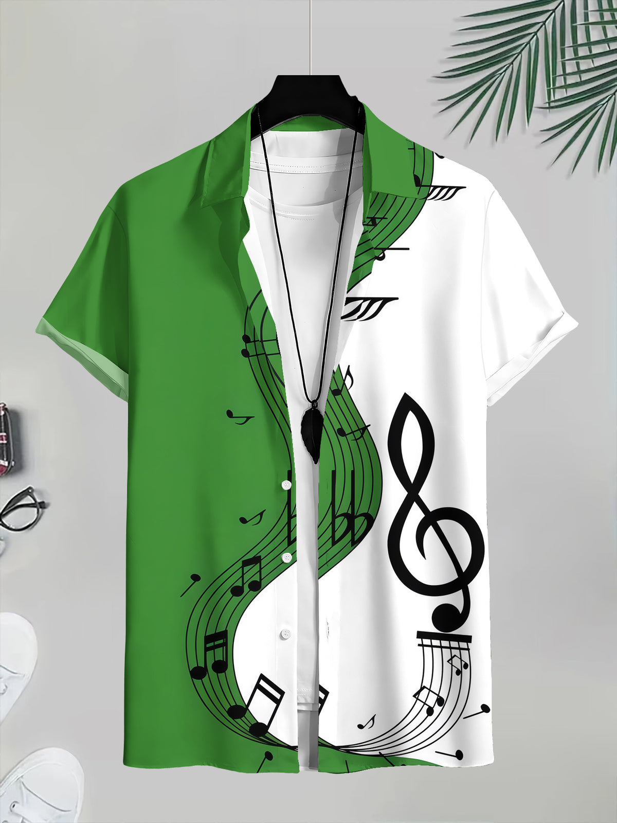 Men's Casual Shirt with Music Note Print, Summer Music Design Featuring Treble Clef and Musical Note Patterns