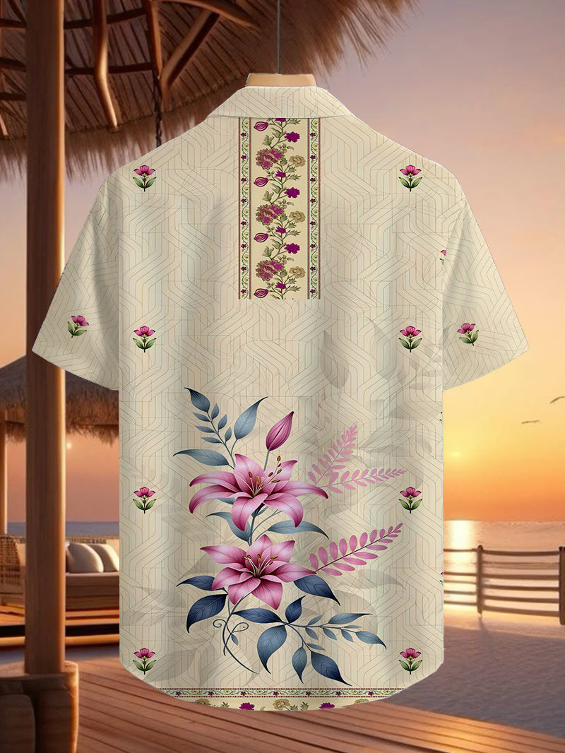 Men'S Casual Shirt with a Vibrant Tropical Pink Floral Print from Hawaii - Featuring a Short Sleeve Button Design, Perfect for Outdoor And Leisure Wear in The Summer