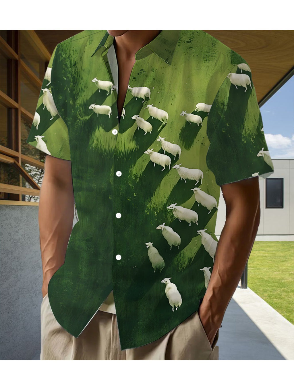 Men'S Casual Shirt with a Hawaiian Tropical Green Gradient Pattern - Short Sleeve Button Design, Suitable for Outdoor And Leisure Wear in Summer