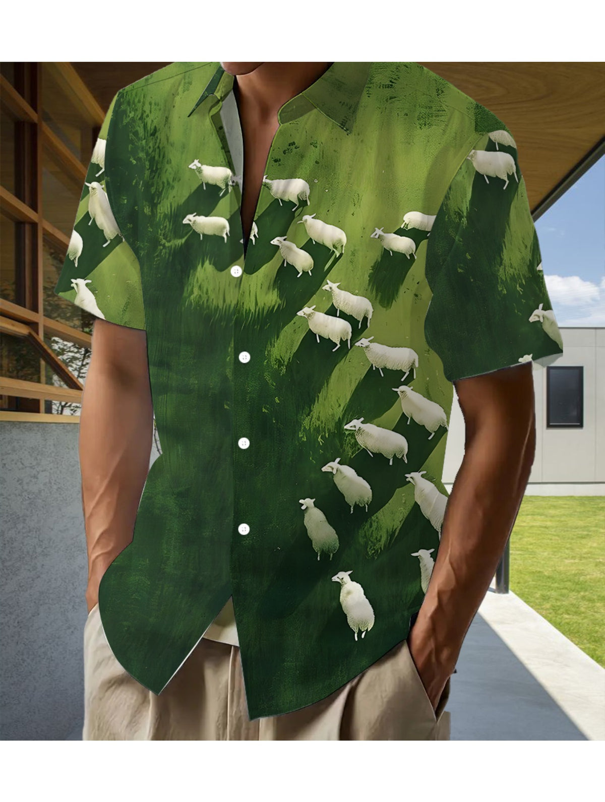 Men'S Casual Shirt with a Hawaiian Tropical Green Gradient Pattern - Short Sleeve Button Design, Suitable for Outdoor And Leisure Wear in Summer