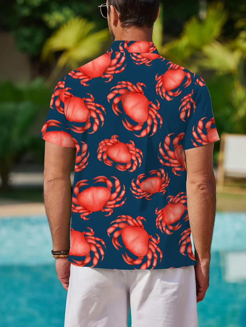 Men's Crab Print Shirt- Dark Blue Button- Formal Casual Shirt with Red Crab Pattern